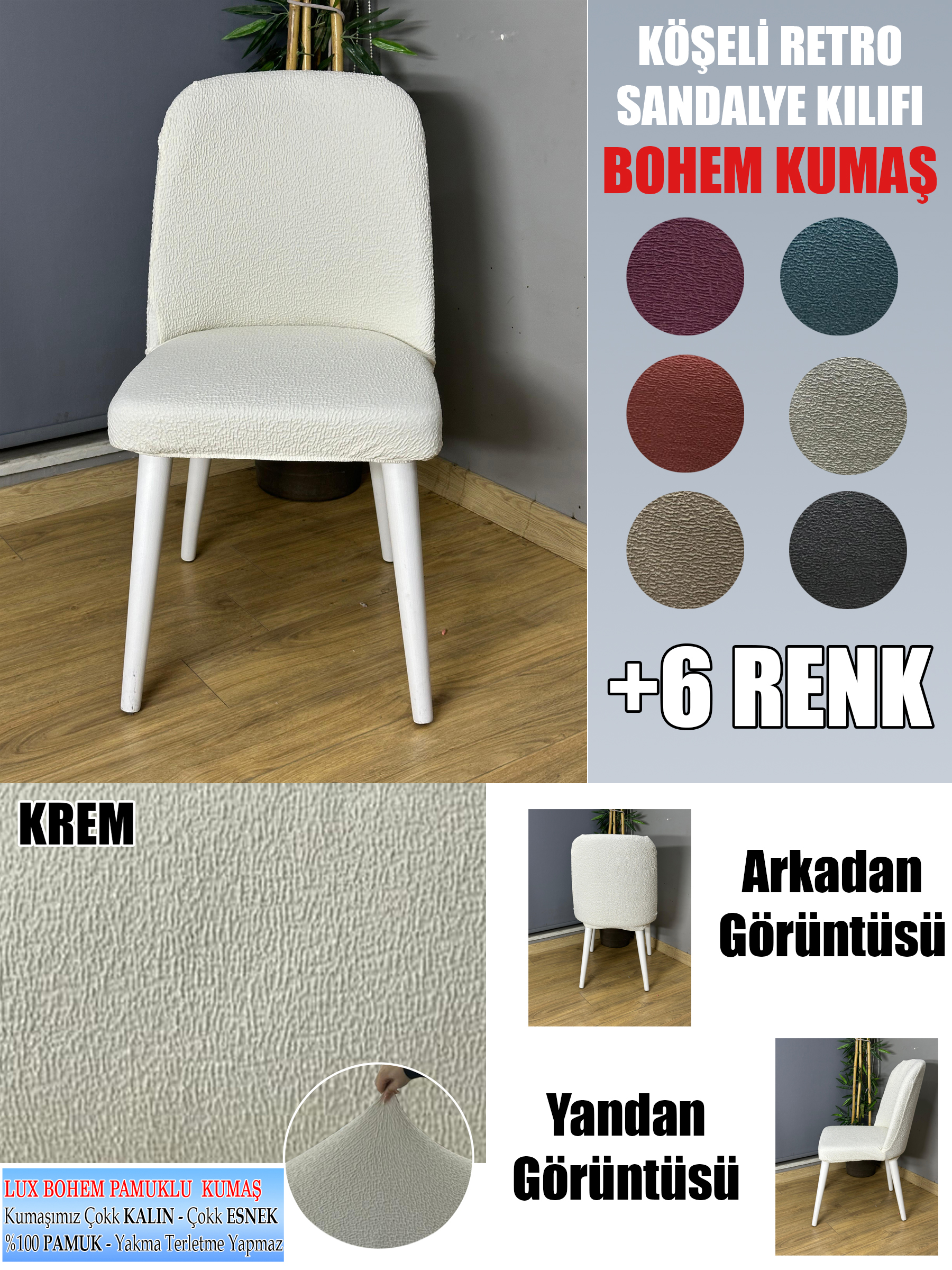 KREM KÖŞELİ RETRO SANDALYE KILIFI 6 ADET LÜX BOHEM KUMAŞ ÇOK KALIN %100 PAMUK