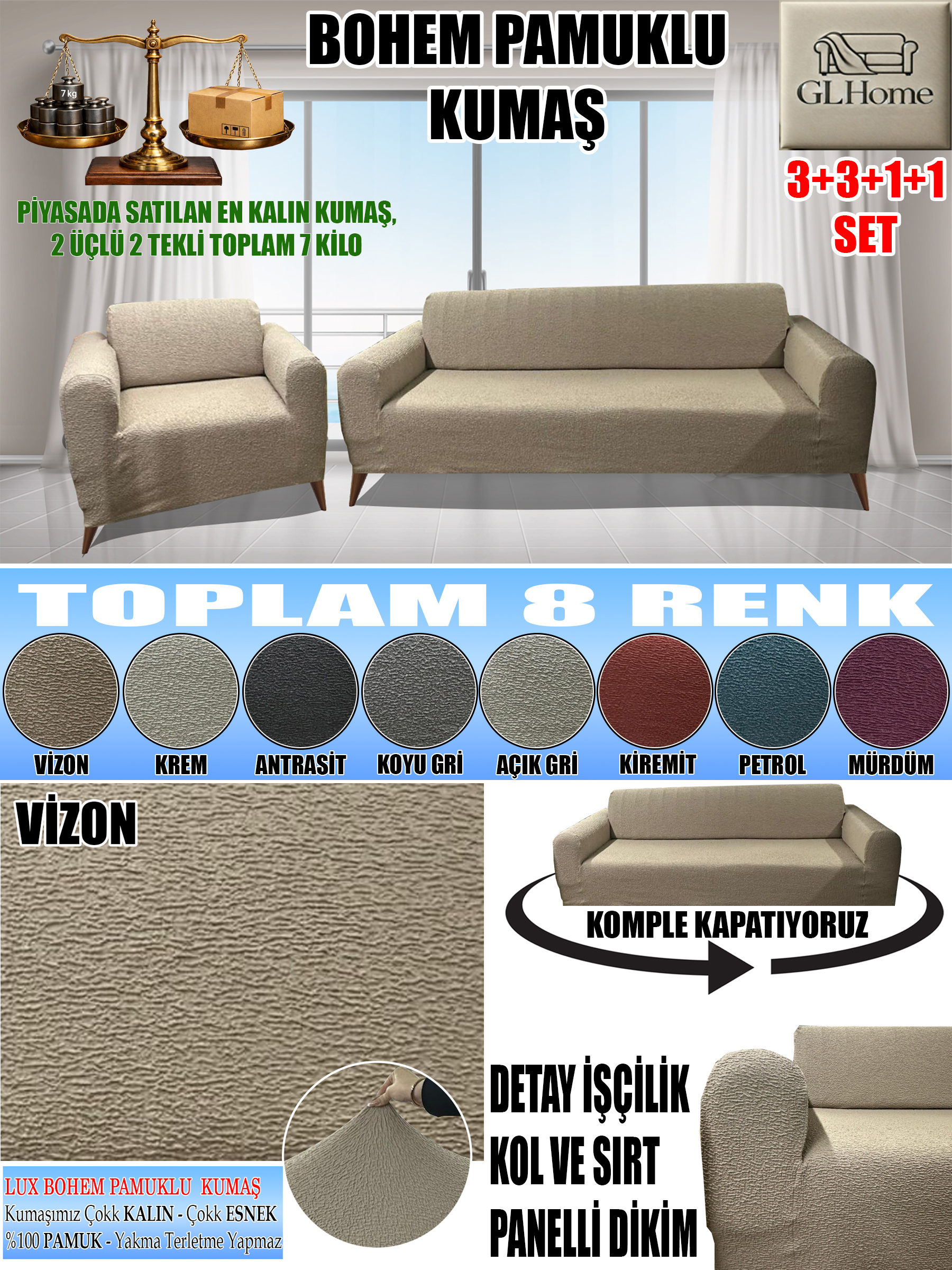 VİZON LUX BOHEM PAMUKLU KUMAŞ KOLTUK KILIFI SETİ - 3+3+1+1 SET 7 KG GELMEKTEDİR. KALIN VE DAYANIKLIDIR.