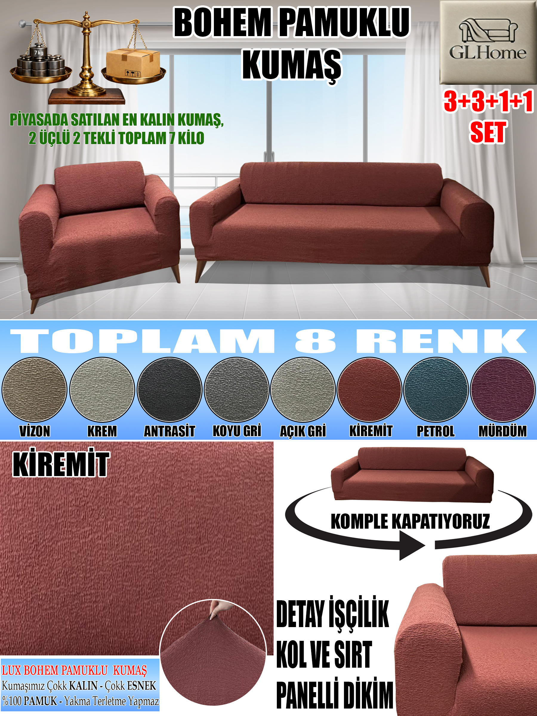 KİREMİT RENGİ LUX BOHEM PAMUKLU KUMAŞ KOLTUK KILIFI SETİ - 3+3+1+1 SET 7 KG GELMEKTEDİR. KALIN VE DAYANIKLIDIR.