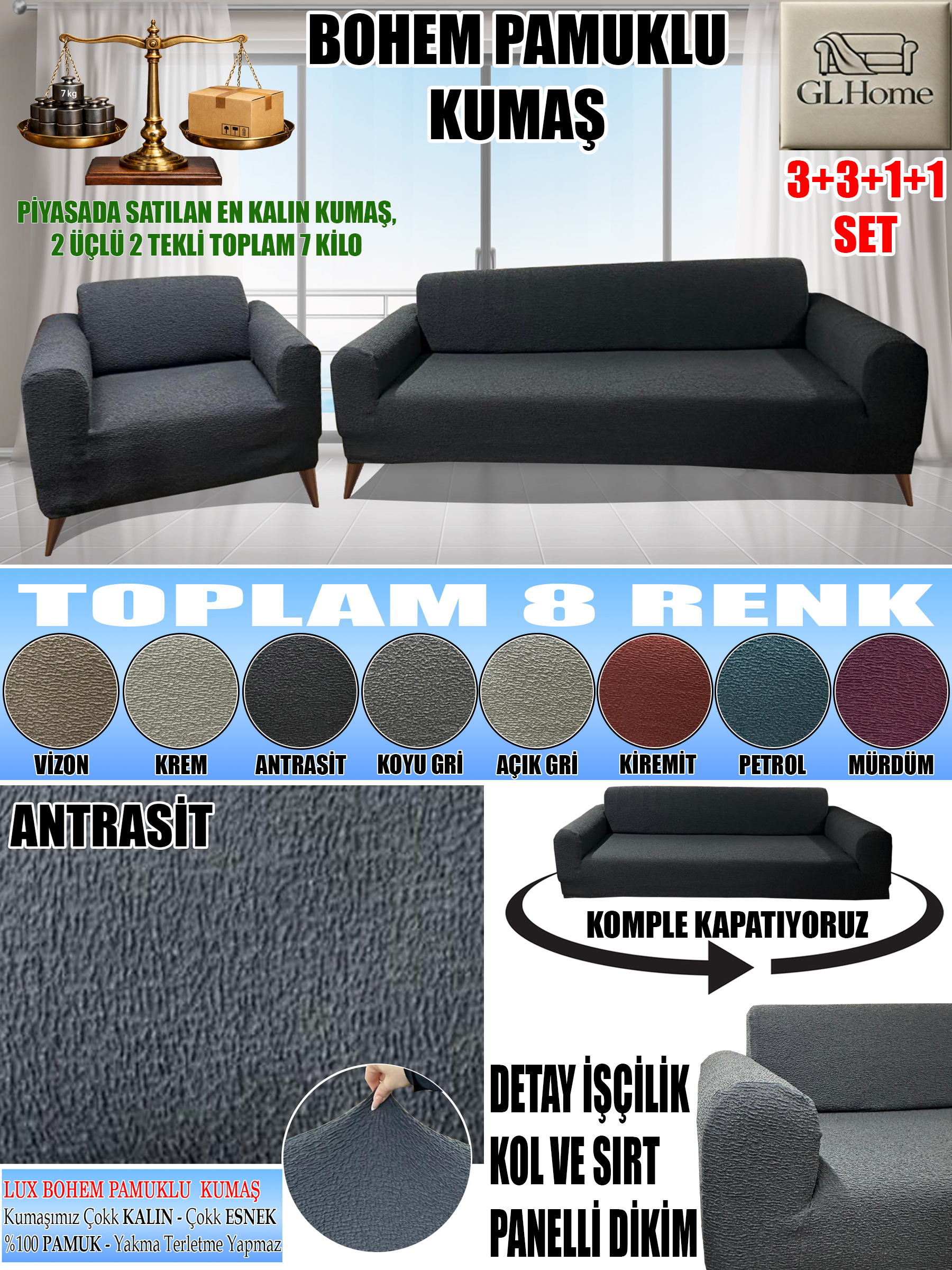 ANTRASİT RENGİ LUX BOHEM PAMUKLU KUMAŞ KOLTUK KILIFI SETİ - 3+3+1+1 SET 7 KG GELMEKTEDİR. KALIN VE DAYANIKLIDIR.