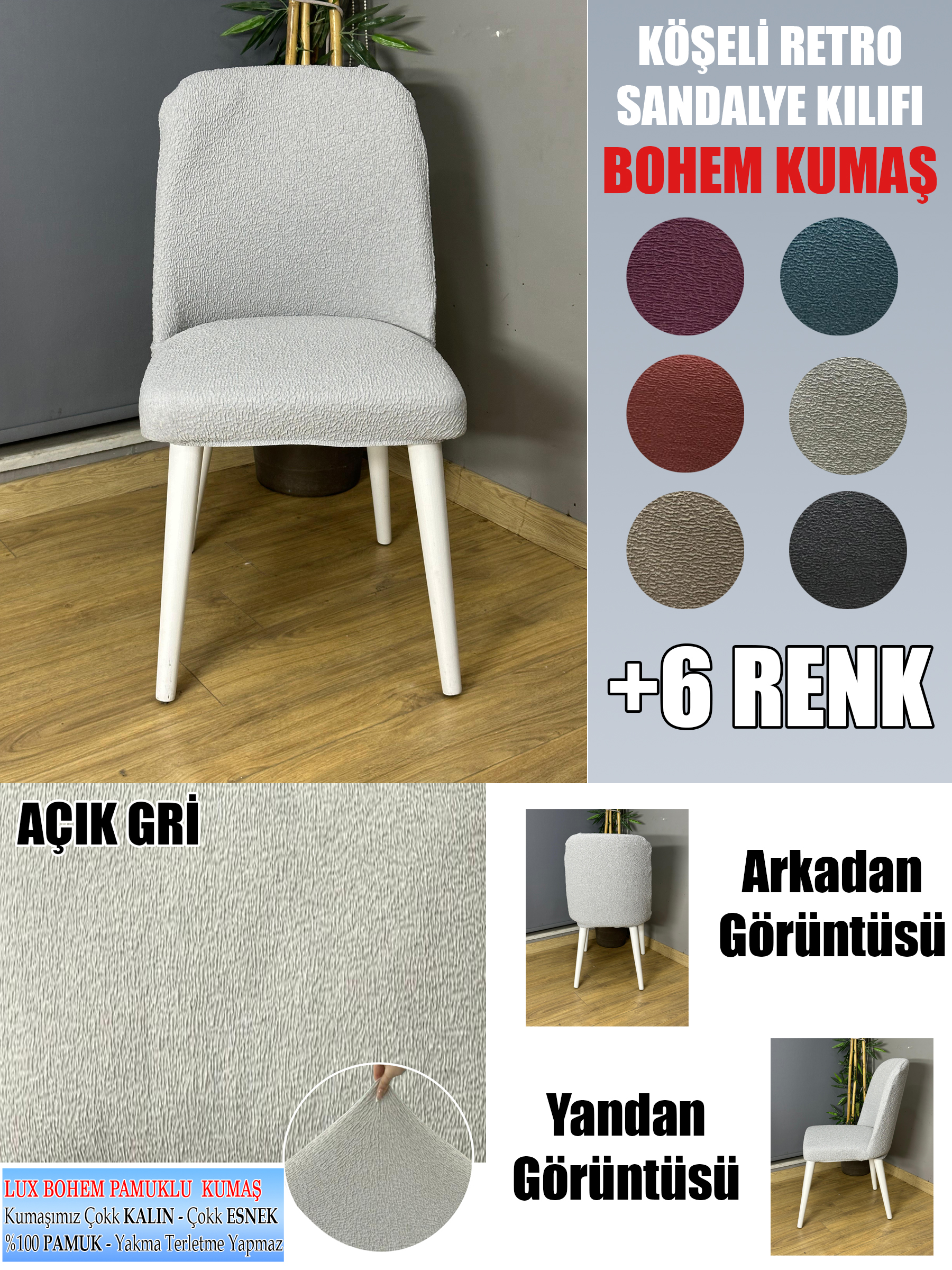 AÇIK GRİ KÖŞELİ RETRO SANDALYE KILIFI 6 ADET LÜX BOHEM KUMAŞ ÇOK KALIN %100 PAMUK