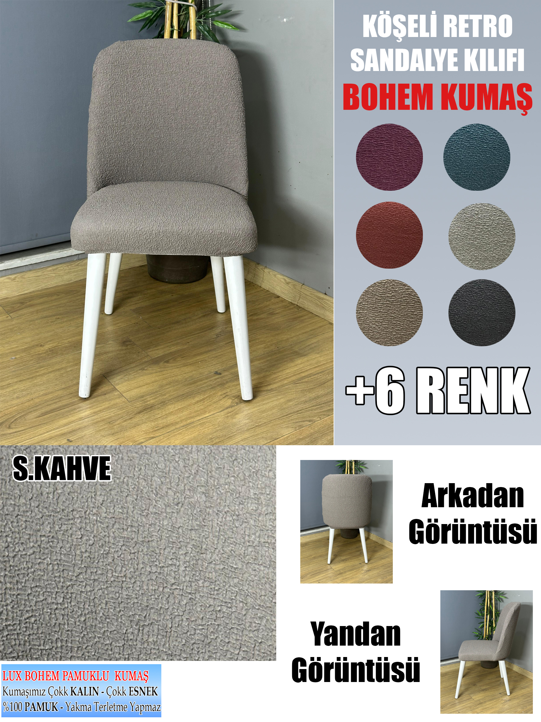 S.KAHVE KÖŞELİ RETRO SANDALYE KILIFI 4 ADET LÜX BOHEM KUMAŞ ÇOK KALIN %100 PAMUK