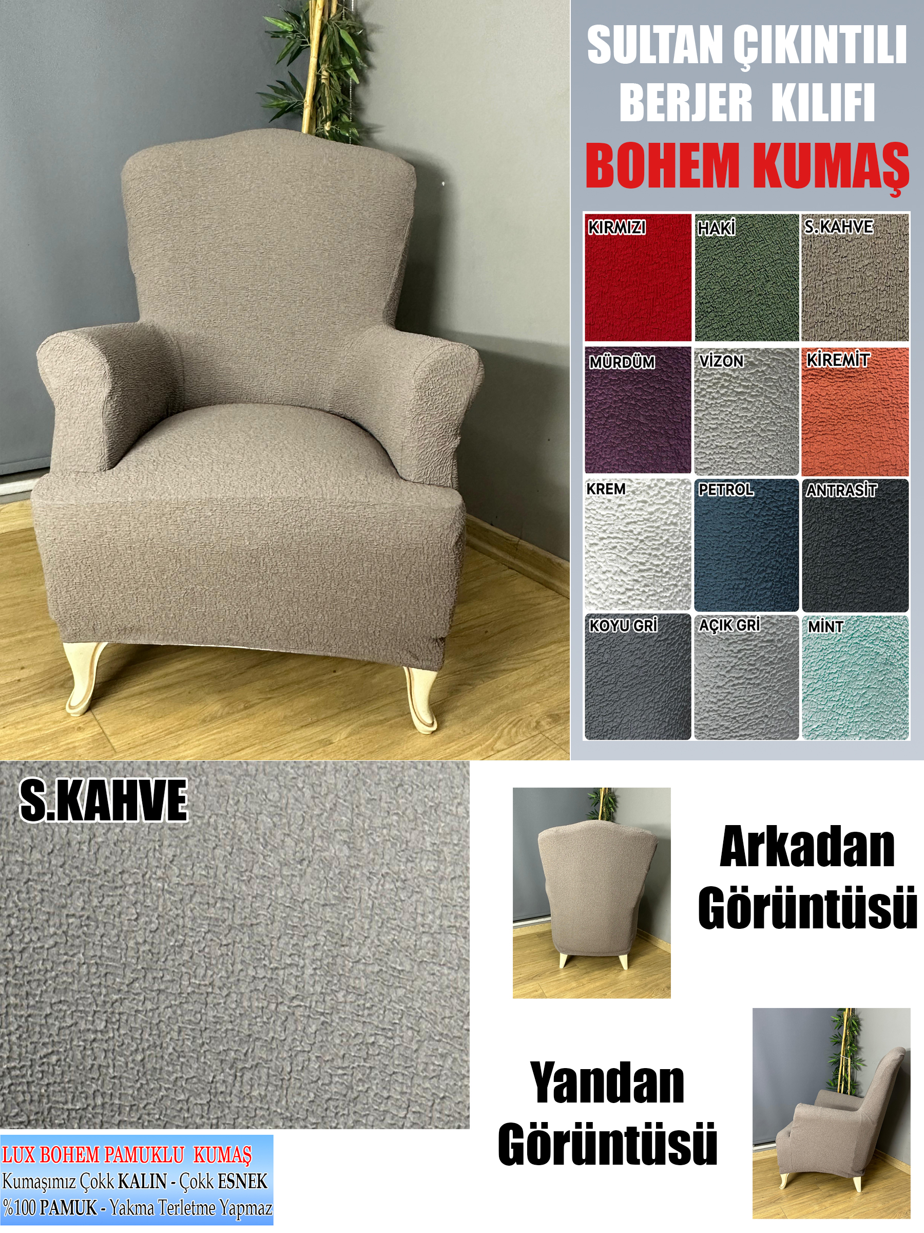 SÜTLÜ KAHVE LUX BOHEM PAMUKLU KUMAŞ SULTAN ÇIKINTILI MODEL KOMPLE GİYDİRME BERJER KILIFI.