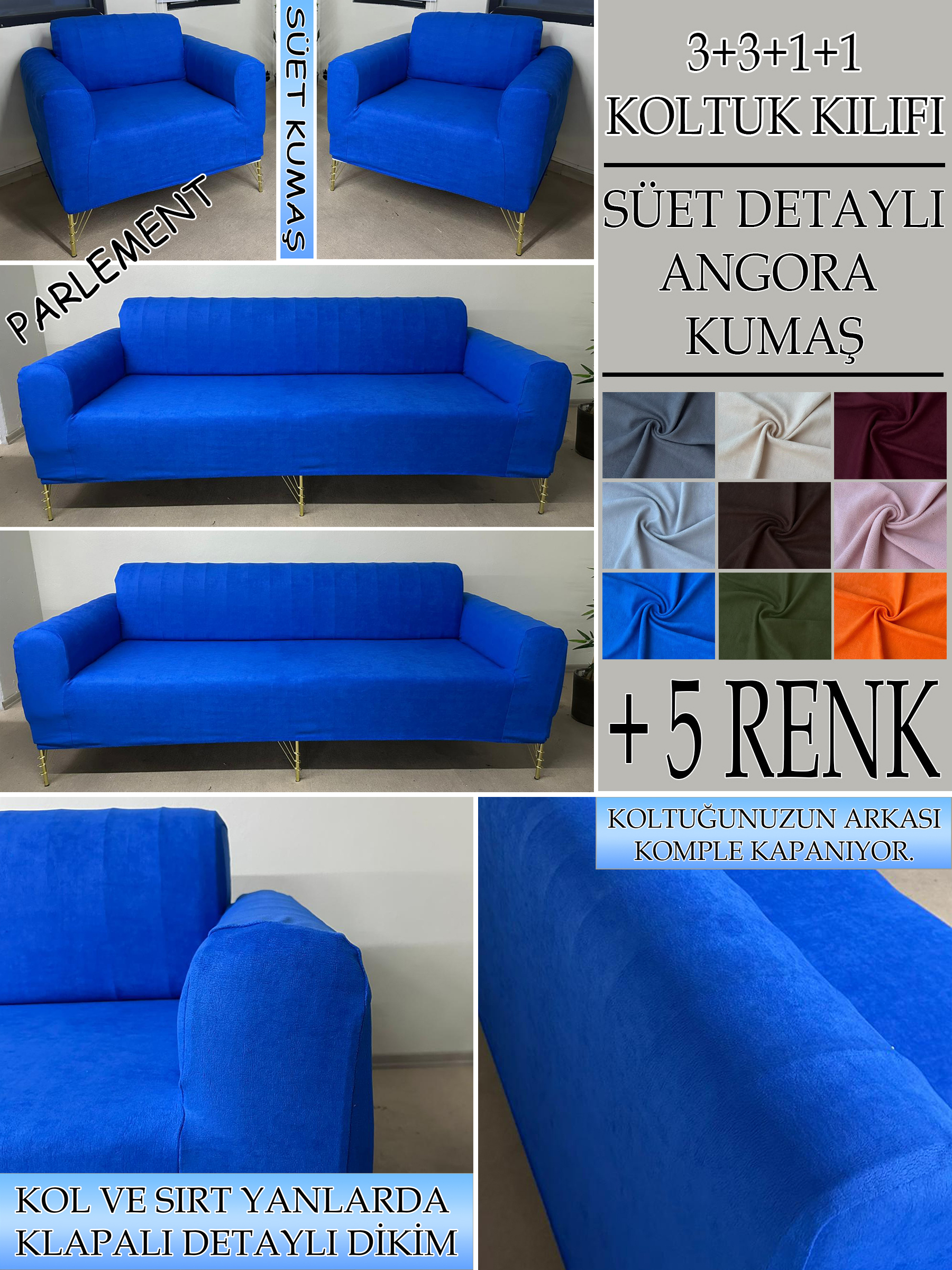 PARLEMENT SÜET KUMAŞ 3+3+1+1 SET KOMPLE GİYDİRME KOLTUK KILIFI KANEPE,ÇEKYAT,BERJER