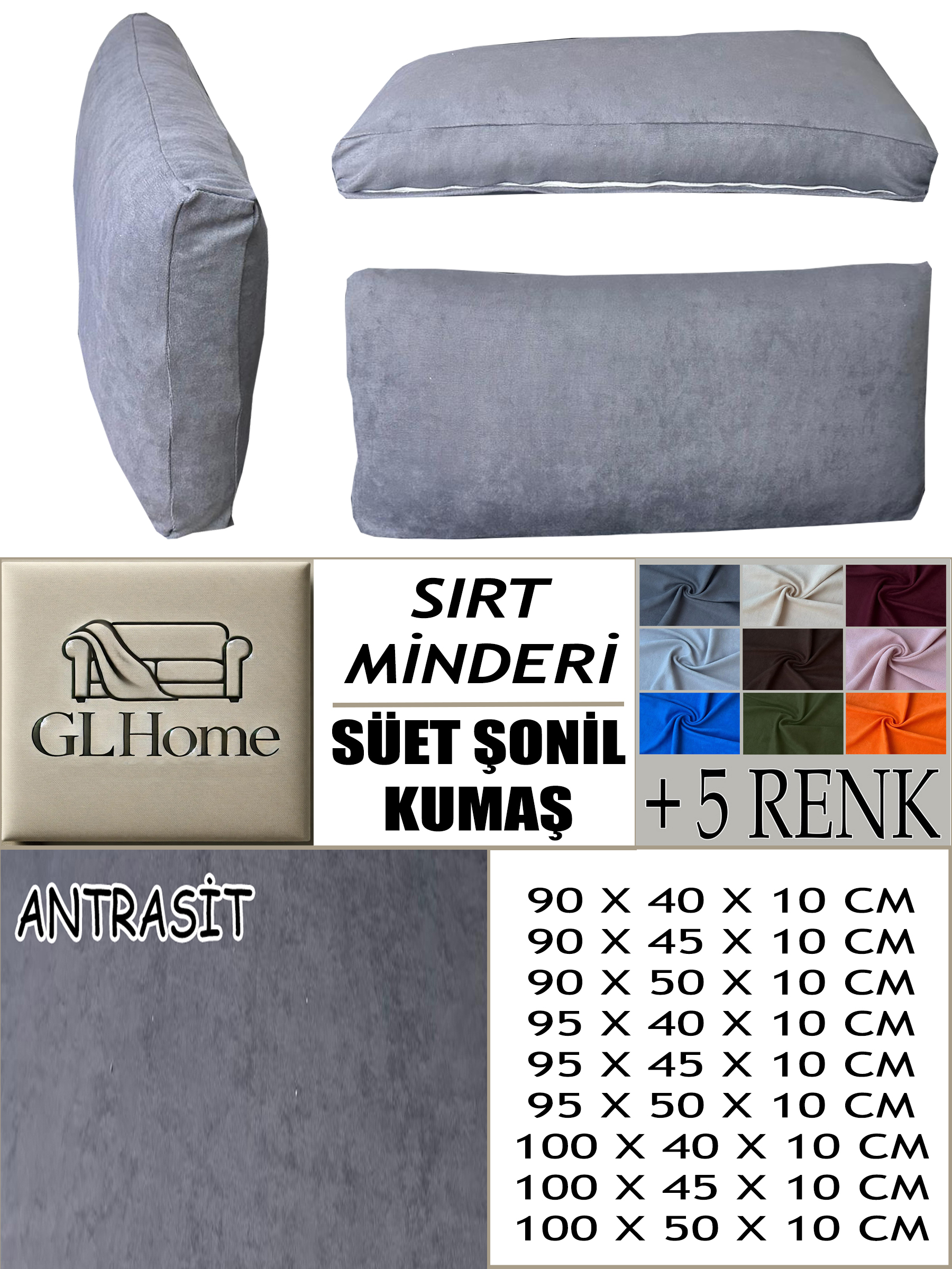 ANTRASİT RENK SÜET KUMAŞ 2 ADET SIRT MİNDERİ