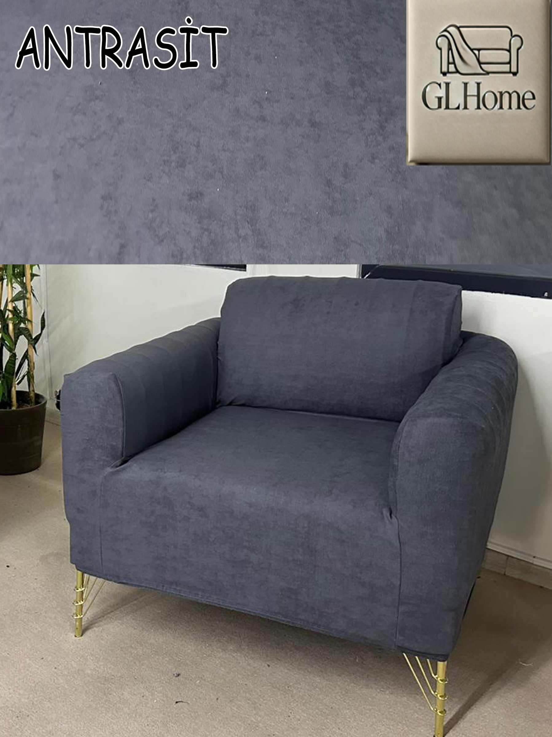 ANTRASİT SÜET KUMAŞ TEKLİ&BERJER KOMPLE GİYDİRME KOLTUK KILIFI