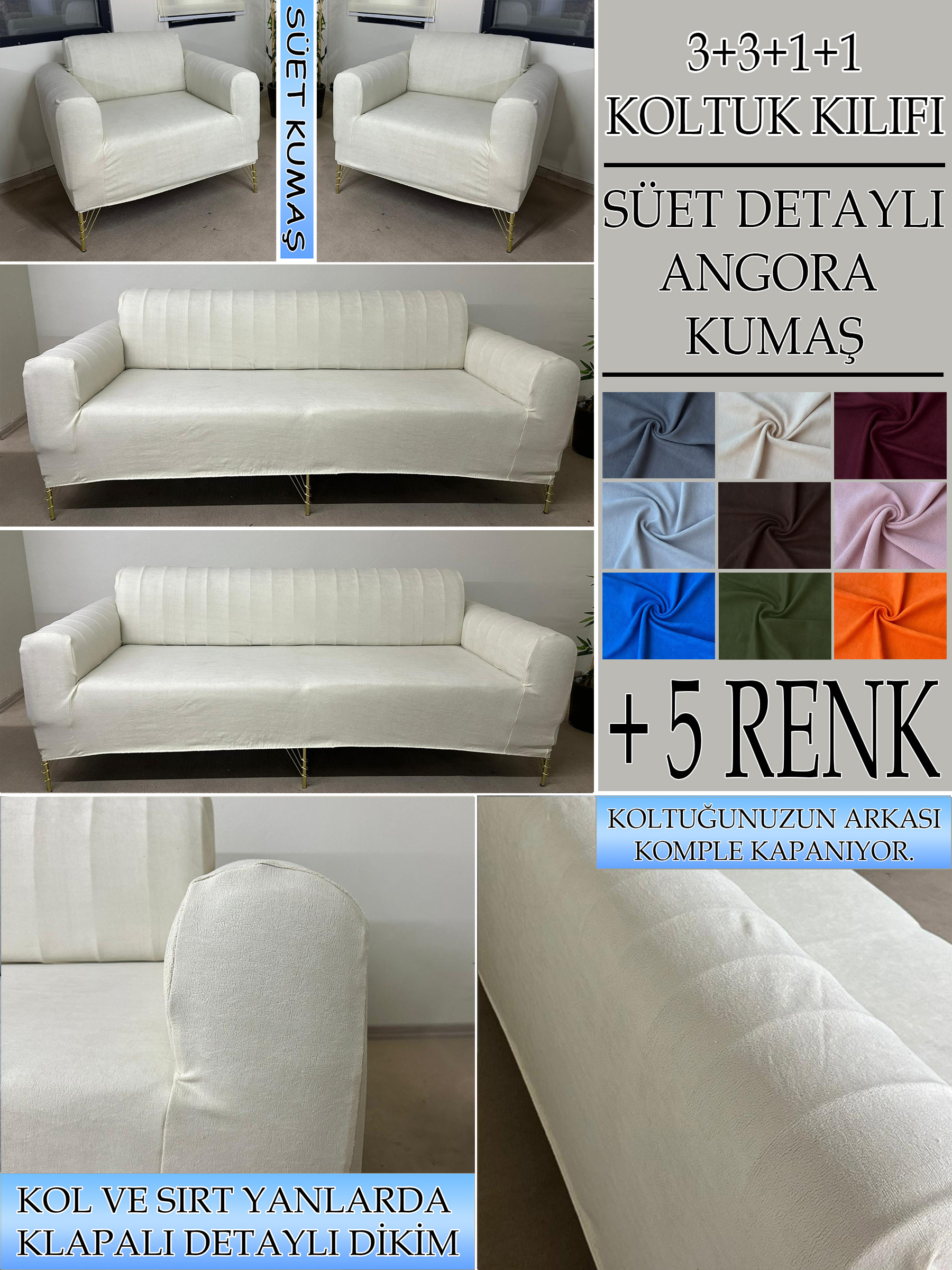 KREM SÜET KUMAŞ 3+3+1+1 SET KOMPLE GİYDİRME KOLTUK KILIFI KANEPE,ÇEKYAT,BERJER