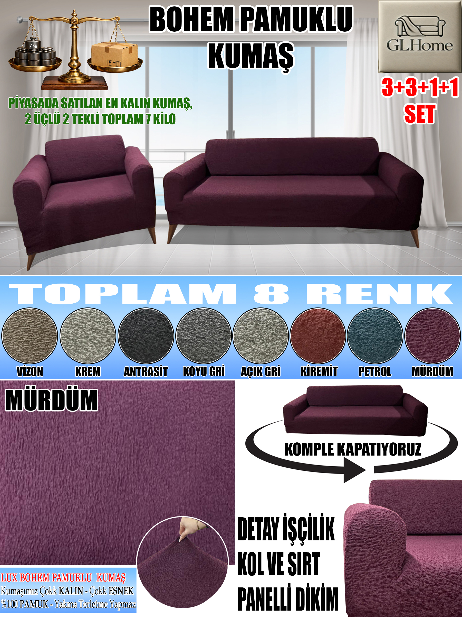 MÜRDÜM LUX BOHEM PAMUKLU KUMAŞ KOLTUK KILIFI SETİ - 3+3+1+1 SET 7 KG GELMEKTEDİR. KALIN VE DAYANIKLIDIR.