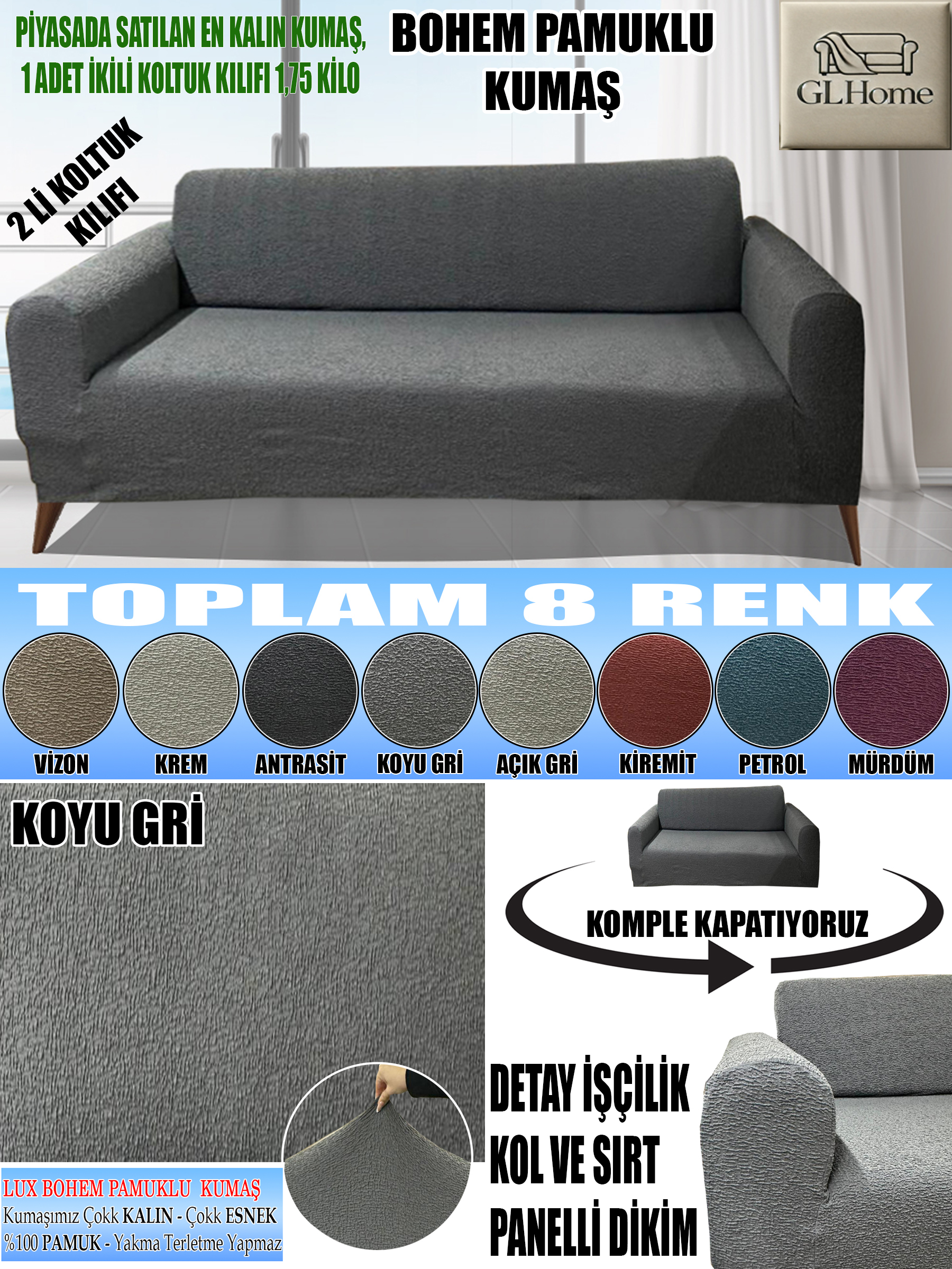 KOYU GRİ LUX BOHEM PAMUKLU KUMAŞ ÇİFT KİŞİLİK KOLTUK KILIFI KOMPLE GİYDİRME KALIN VE DAYANIKLIDIR