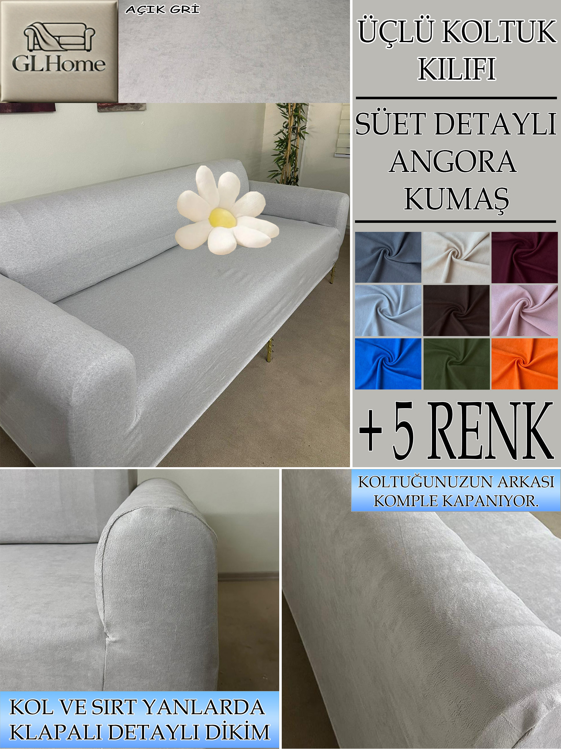AÇIK GRİ SÜET KUMAŞ 3 LÜ KOMPLE GİYDİRME KANEPE & ÇEKYAT KILIFI
