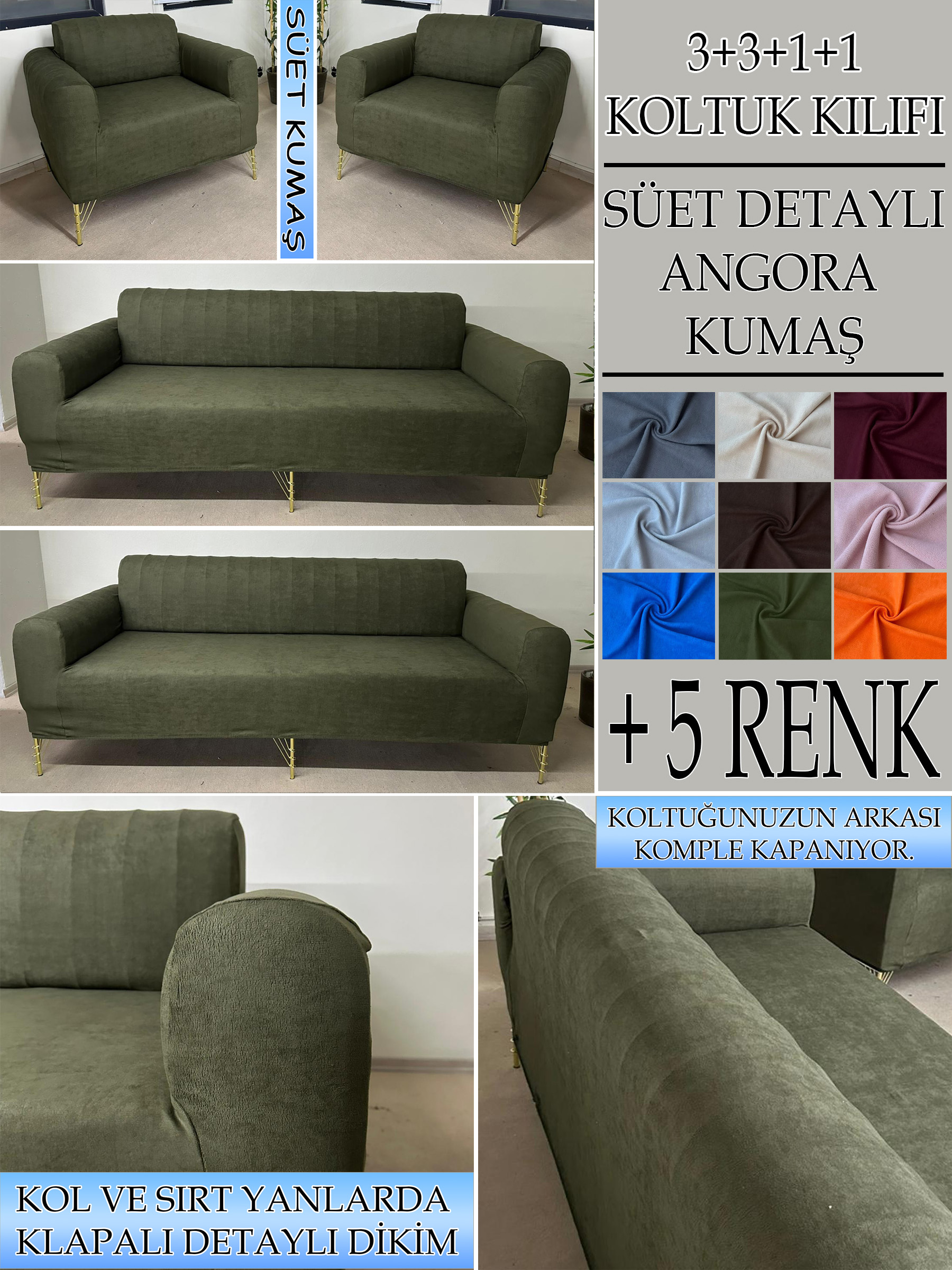 HAKİ SÜET KUMAŞ 3+3+1+1 SET KOMPLE GİYDİRME KOLTUK KILIFI KANEPE,ÇEKYAT,BERJER