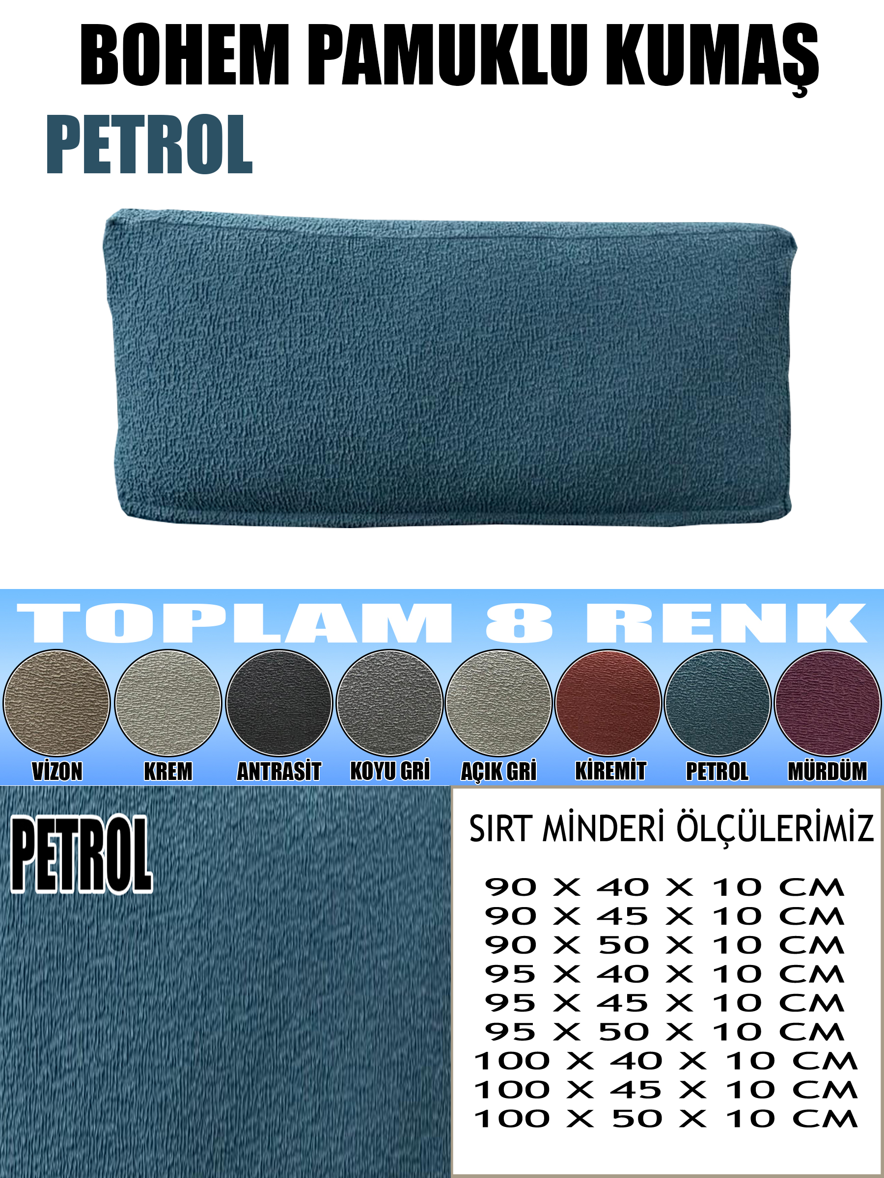 PETROL RENK LUX BOHEM PAMUKLU KUMAŞ 2 ADET SIRT MİNDER