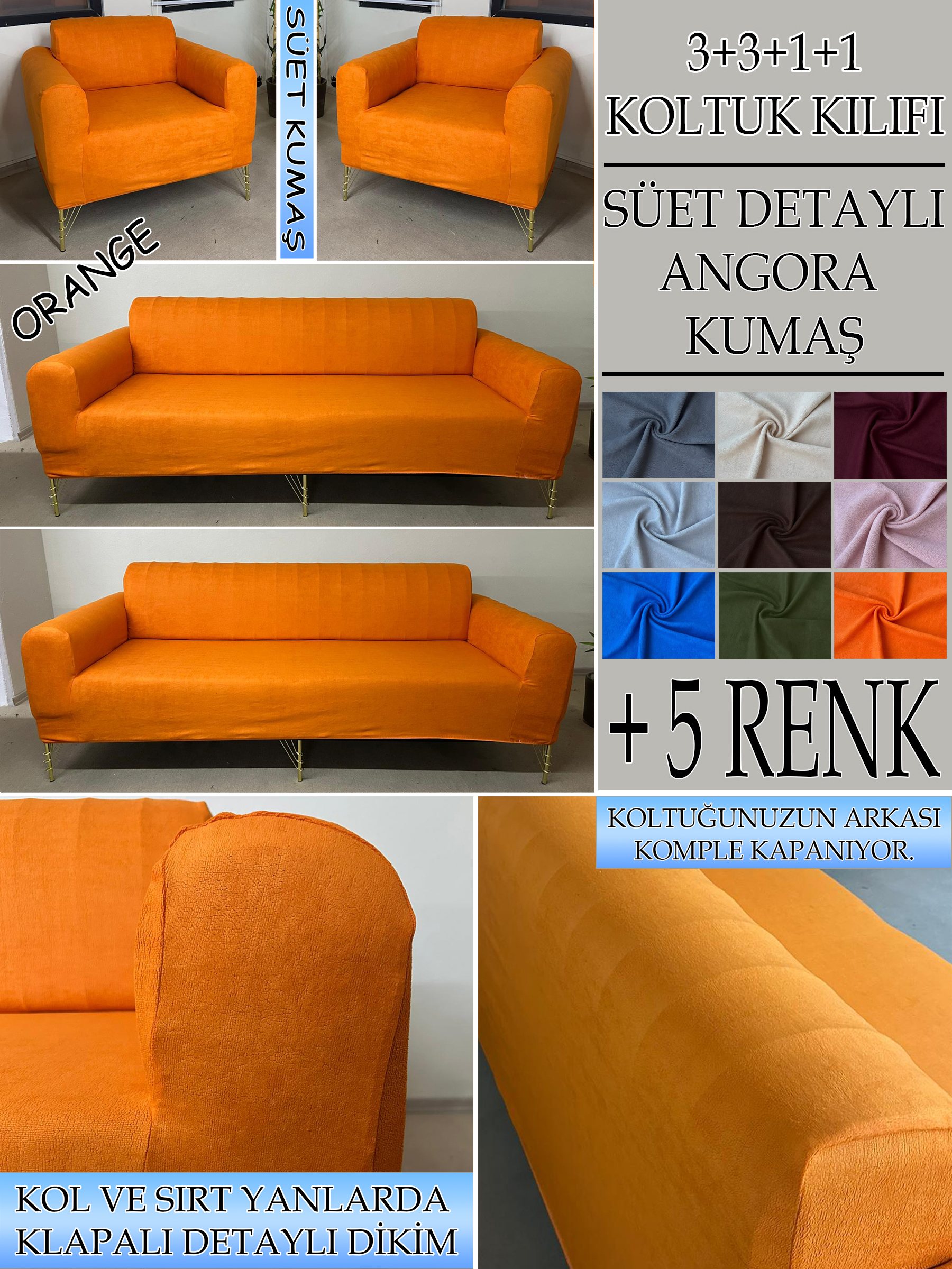 ORANGE SÜET KUMAŞ 3+3+1+1 SET KOMPLE GİYDİRME KOLTUK KILIFI KANEPE,ÇEKYAT,BERJER
