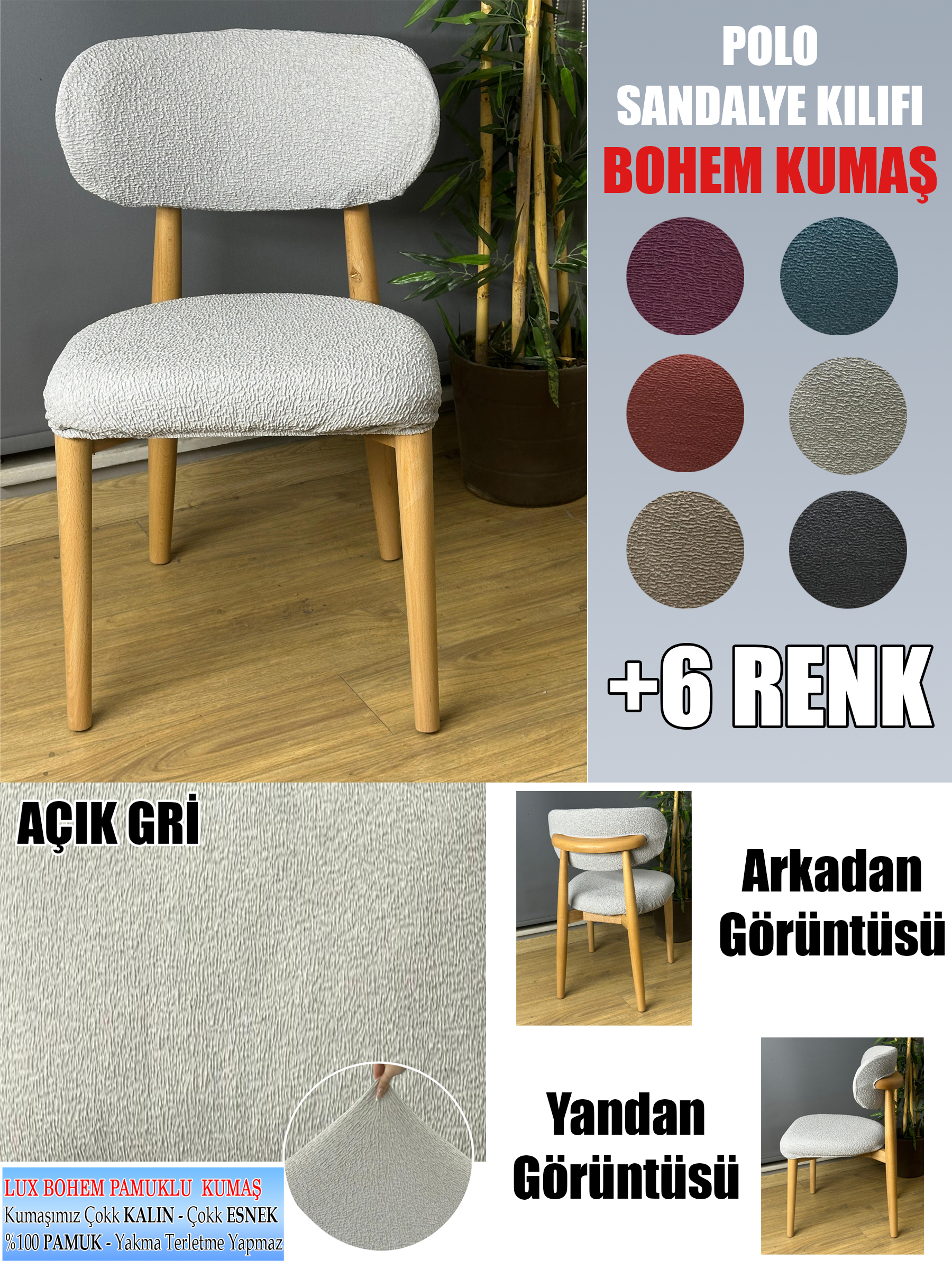 AÇIK GRİ POLO SANDALYE KILIFI 6 ADET LÜX BOHEM KUMAŞ ÇOK KALIN %100 PAMUK