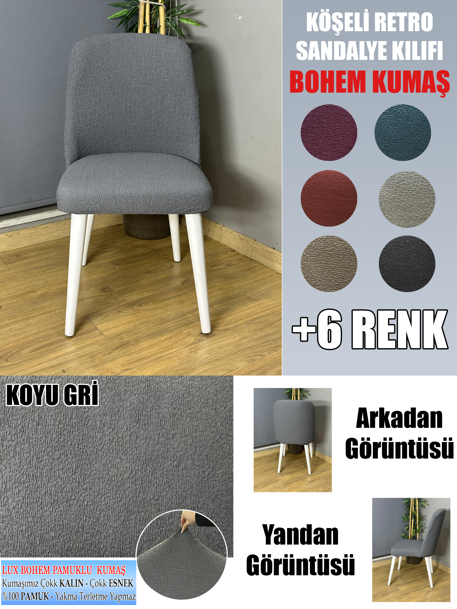 KOYU GRİ KÖŞELİ RETRO SANDALYE KILIFI 4 ADET LÜX BOHEM KUMAŞ ÇOK KALIN %100 PAMUK