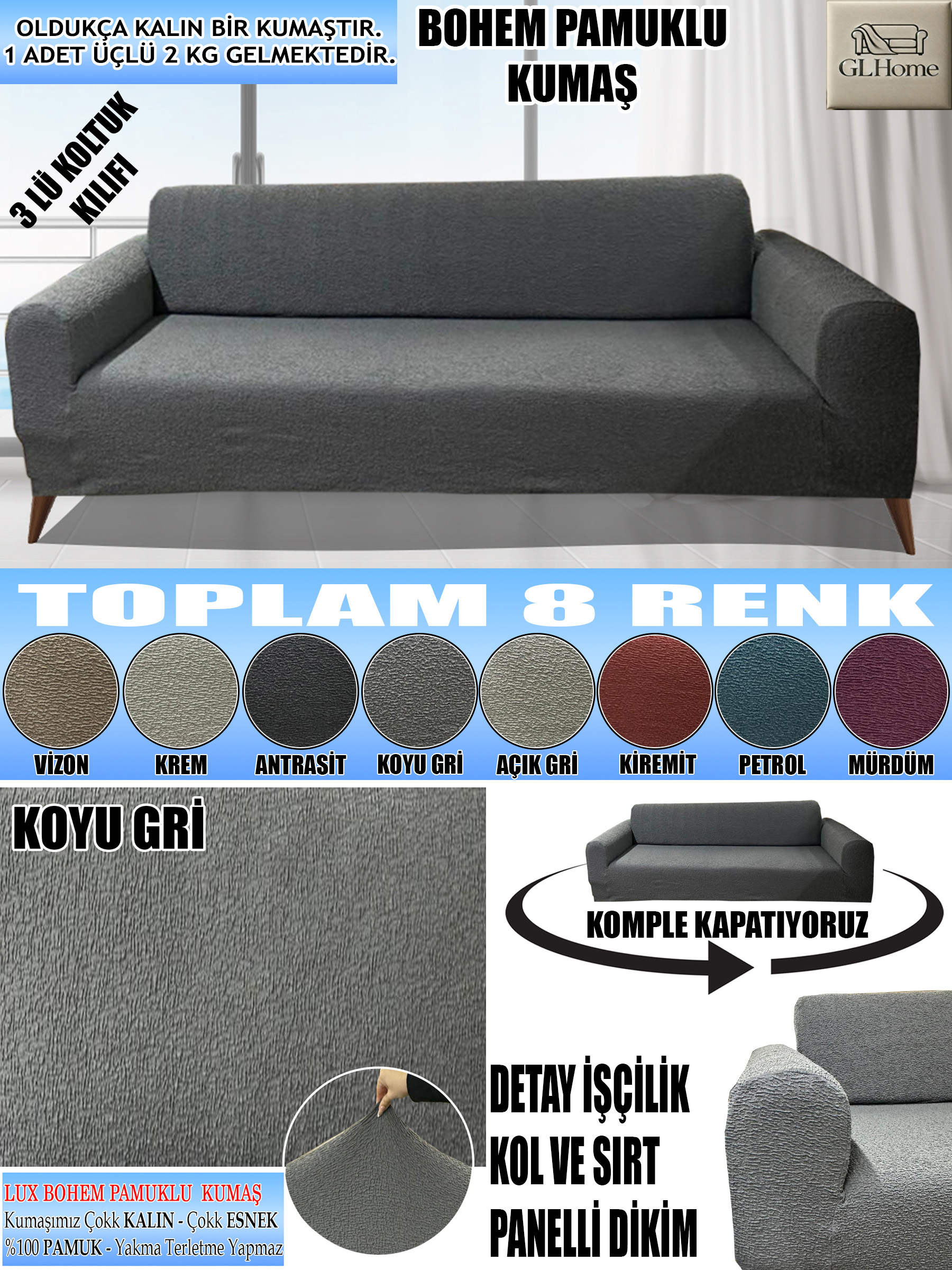 KOYU GRİ LUX BOHEM PAMUKLU KUMAŞ KOLTUK-KANEPE KILIFI 3LÜ KOMPLE GİYDİRME KALIN VE DAYANIKLIDIR