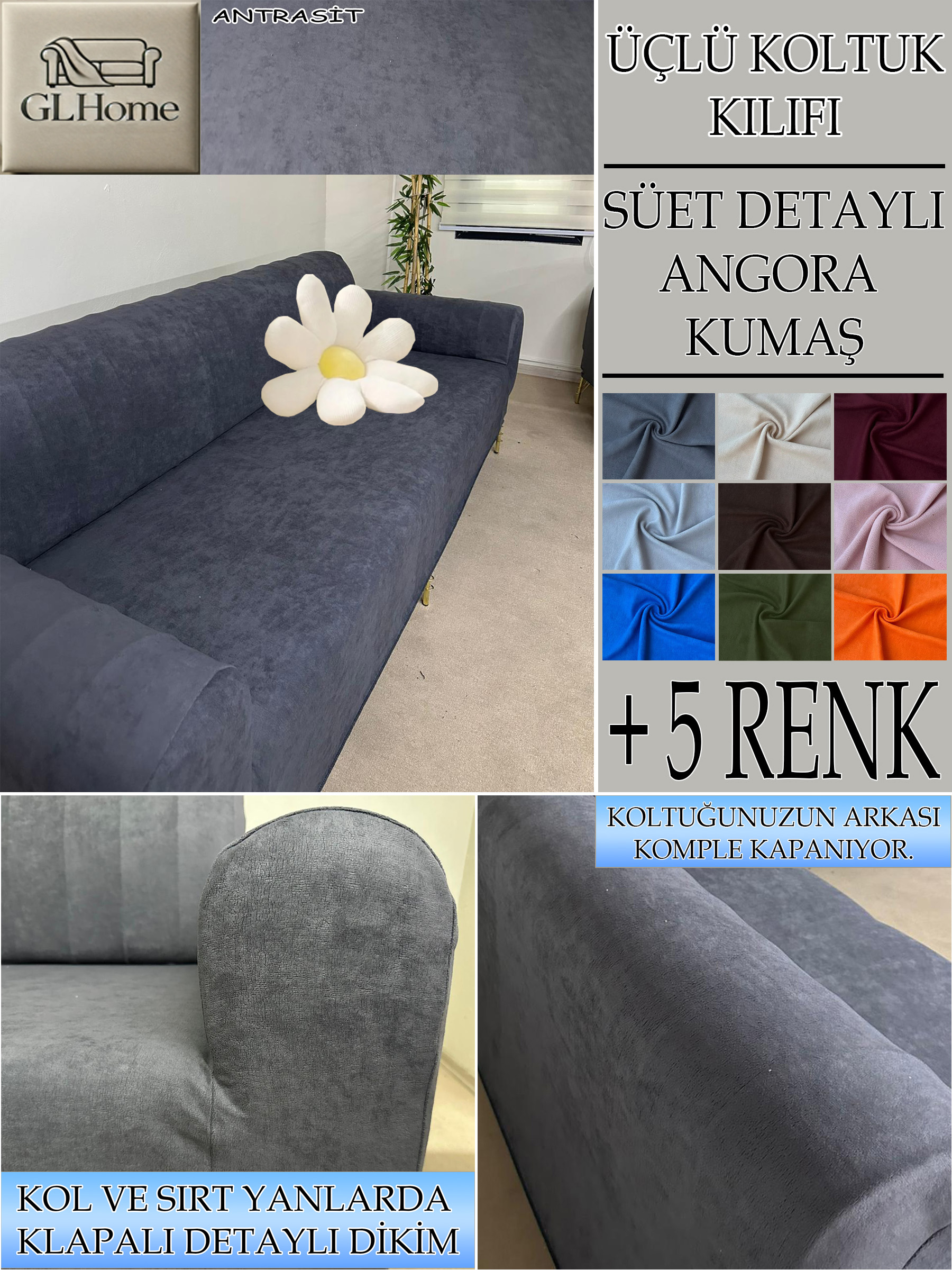 ANTRASİT SÜET KUMAŞ 3 LÜ KOMPLE GİYDİRME KANEPE & ÇEKYAT KILIFI