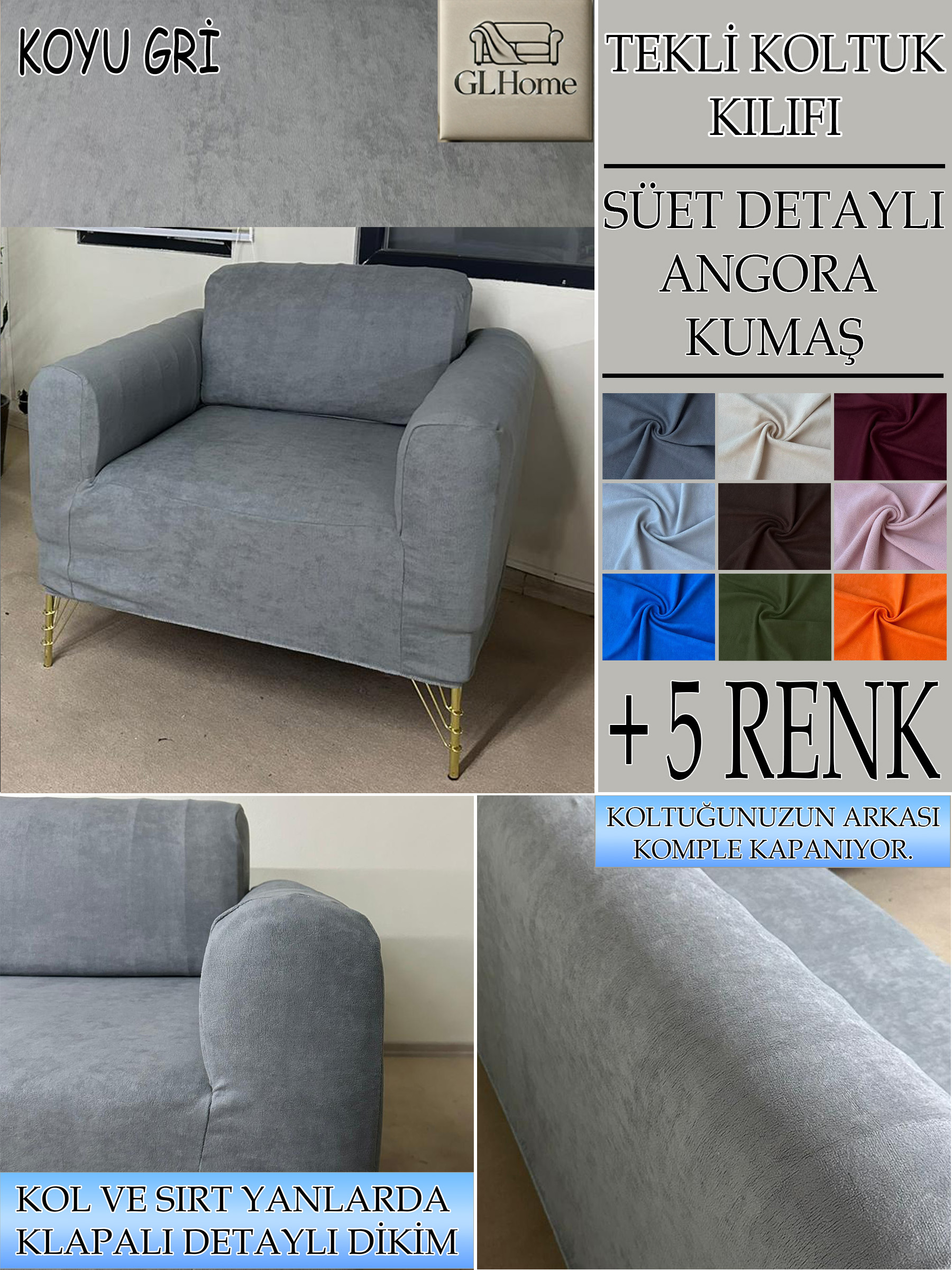 KOYU GRİ SÜET KUMAŞ TEKLİ&BERJER KOMPLE GİYDİRME KOLTUK KILIFI