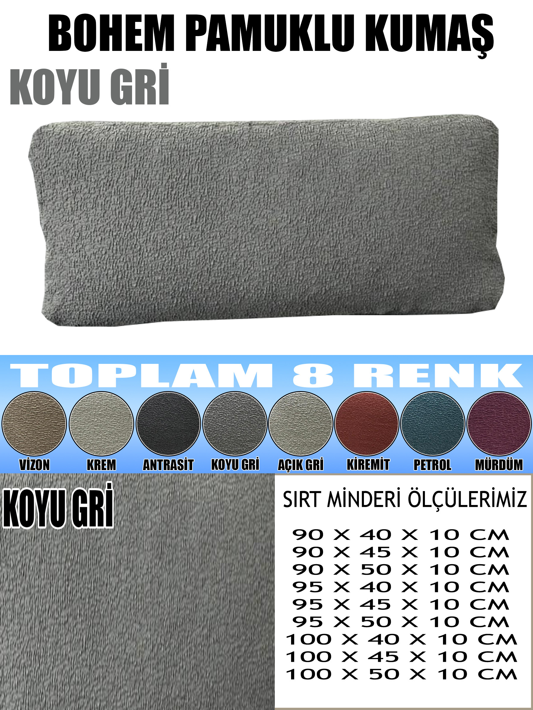 KOYU GRİ RENK LUX BOHEM PAMUKLU KUMAŞ 2 ADET SIRT MİNDER