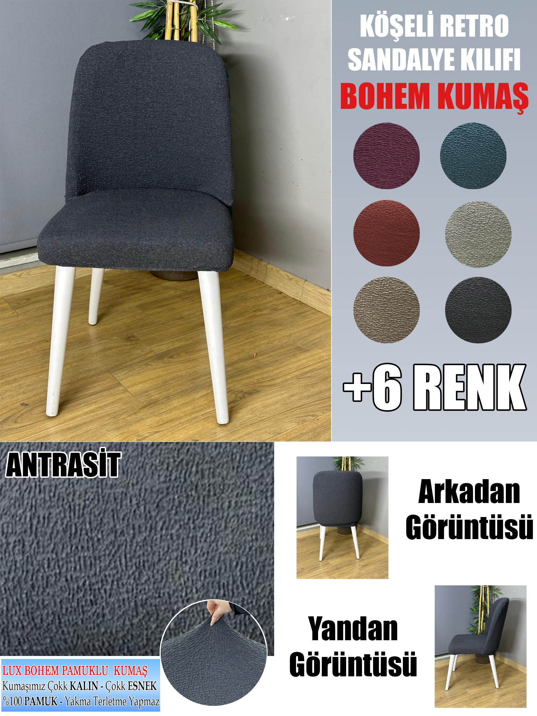 ANTRASİT KÖŞELİ RETRO SANDALYE KILIFI 4 ADET LÜX BOHEM KUMAŞ ÇOK KALIN %100 PAMUK