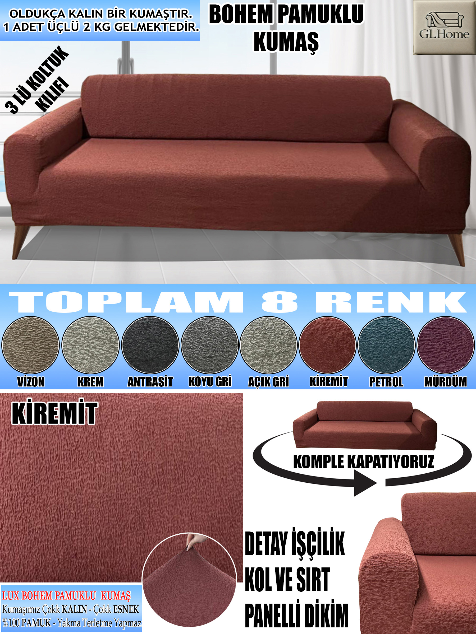 KİREMİT LUX BOHEM PAMUKLU KUMAŞ KOLTUK-KANEPE KILIFI 3LÜ KOMPLE GİYDİRME KALIN VE DAYANIKLIDIR