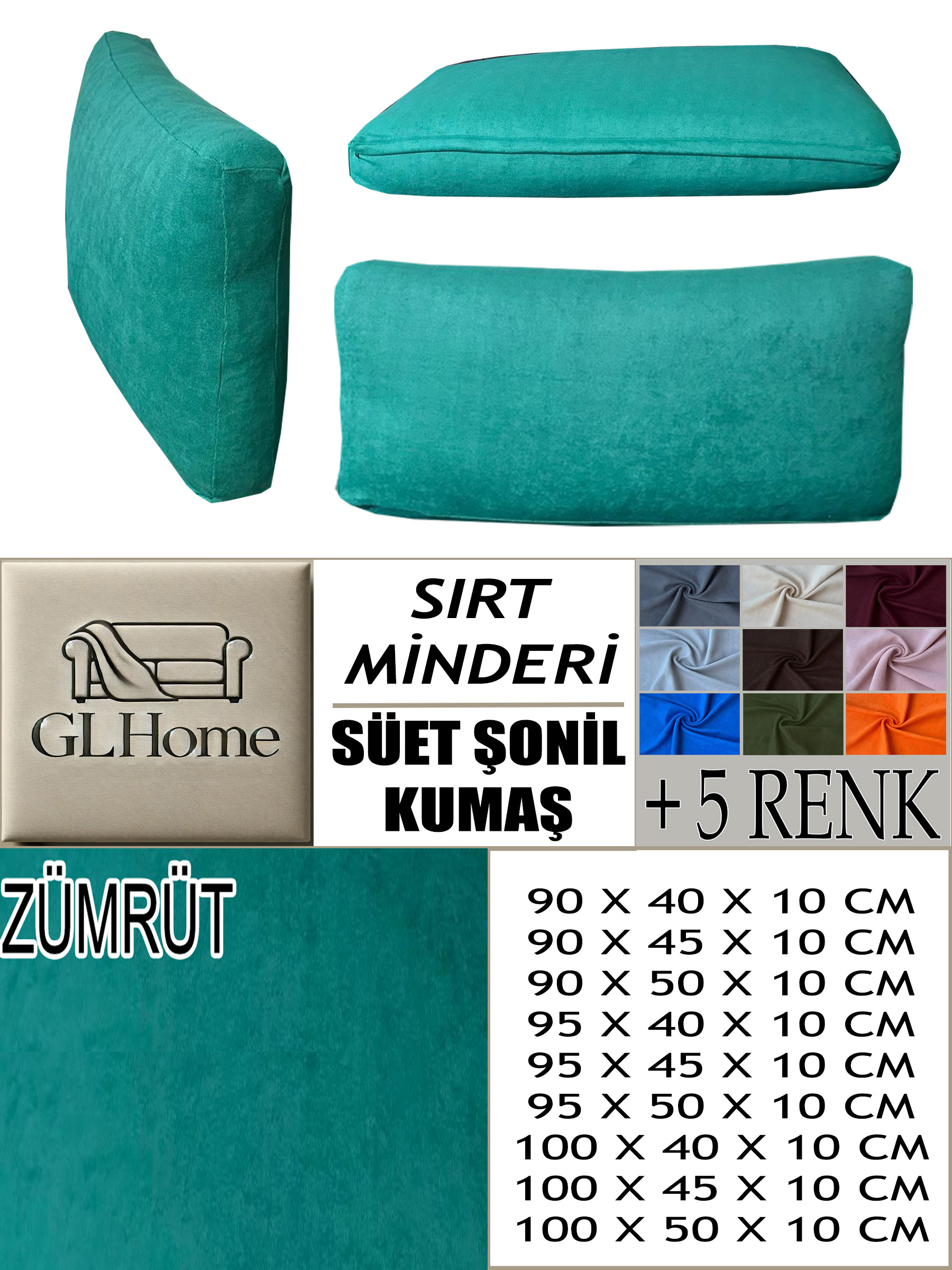 ZÜMRÜT RENK SÜET KUMAŞ 2 ADET SIRT MİNDERİ
