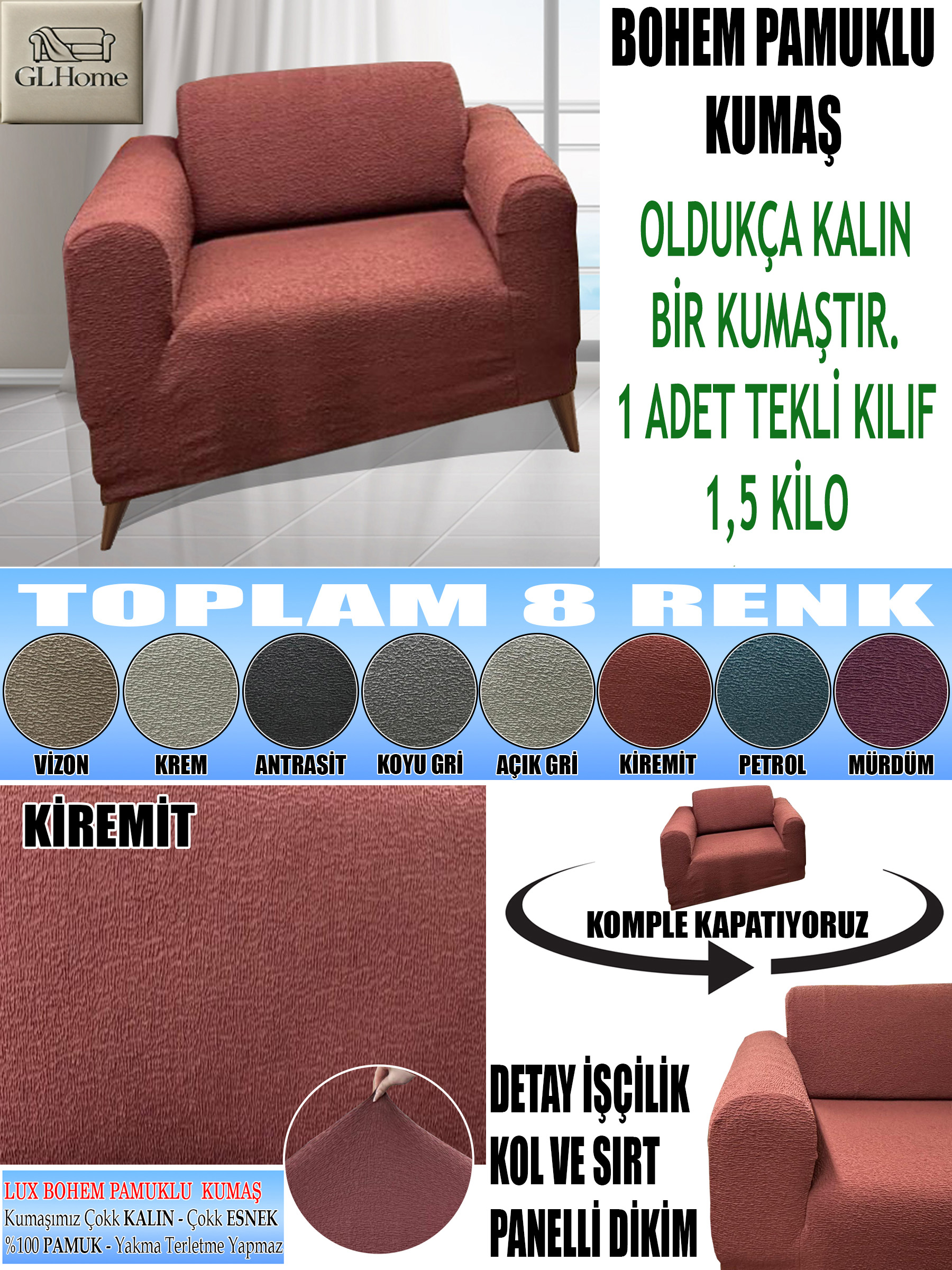 KİREMİT LUX BOHEM PAMUKLU KUMAŞ TEKLİ KOMPLE GİYDİRME TEKLİ & BERJER , OLDUKÇA KALIN BİR KUMAŞTIR.