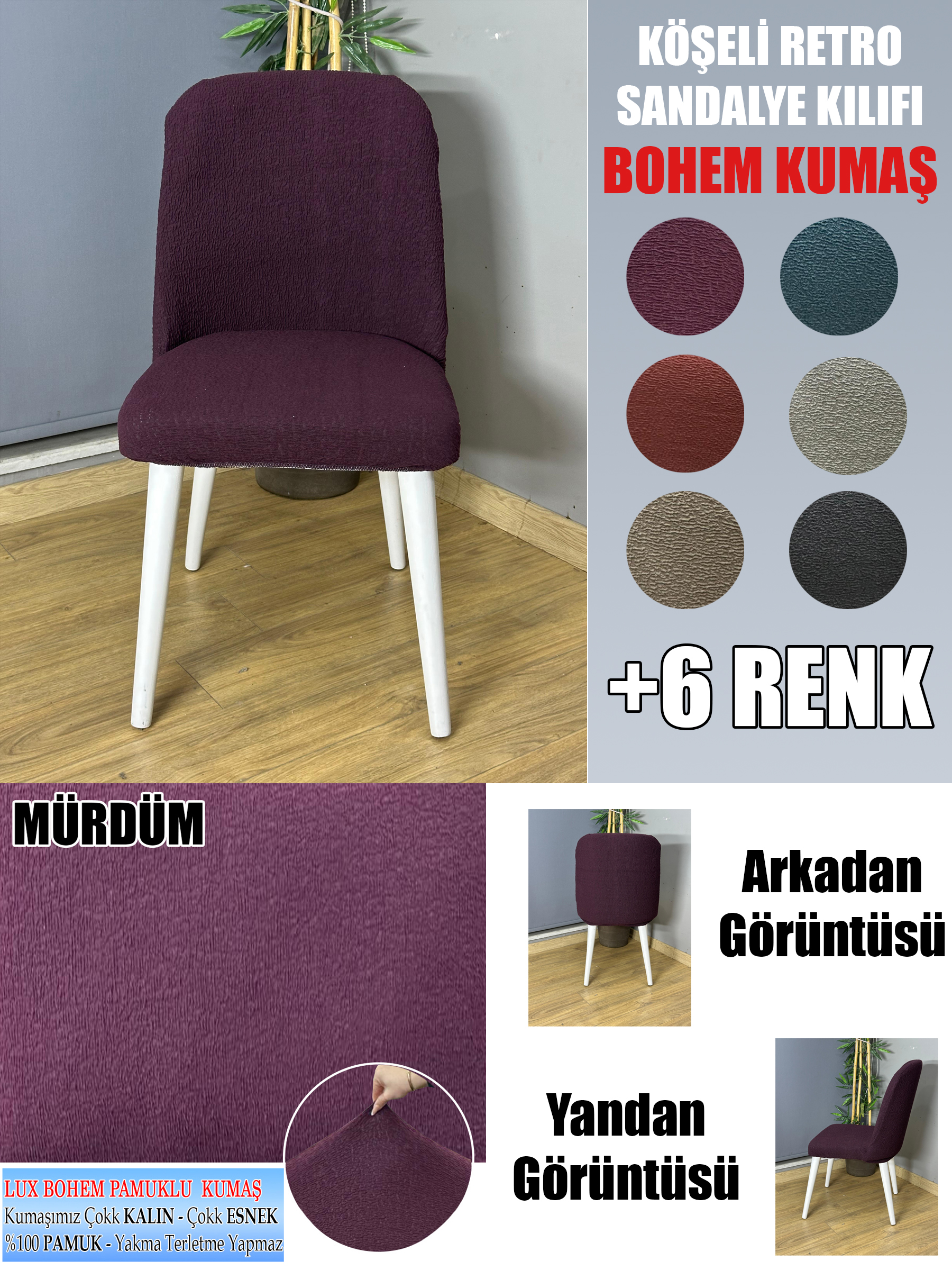 MÜRDÜM KÖŞELİ RETRO SANDALYE KILIFI 4 ADET LÜX BOHEM KUMAŞ ÇOK KALIN %100 PAMUK