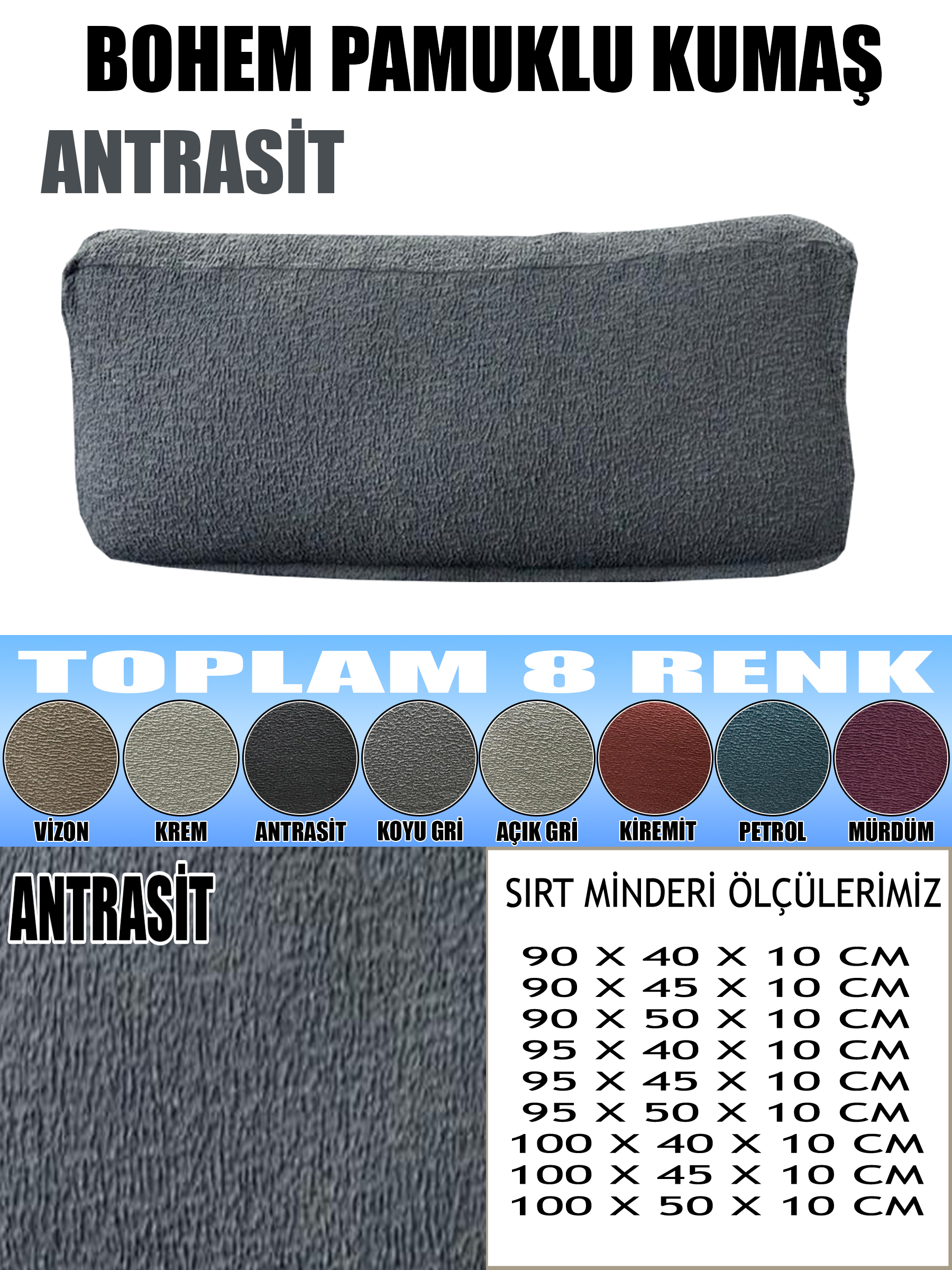 ANTRASİT RENK LUX BOHEM PAMUKLU KUMAŞ 2 ADET SIRT MİNDER