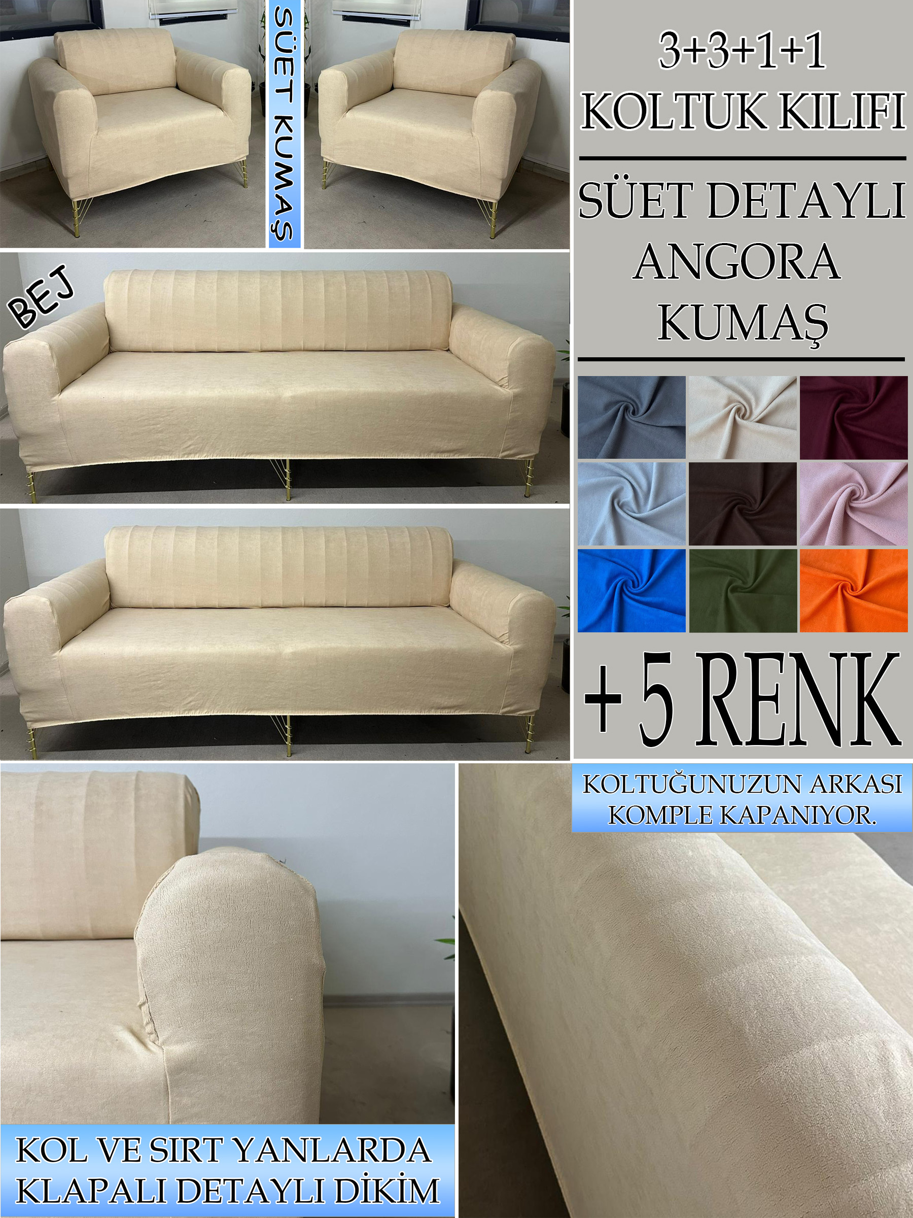BEJ SÜET KUMAŞ 3+3+1+1 SET KOMPLE GİYDİRME KOLTUK KILIFI KANEPE,ÇEKYAT,BERJER