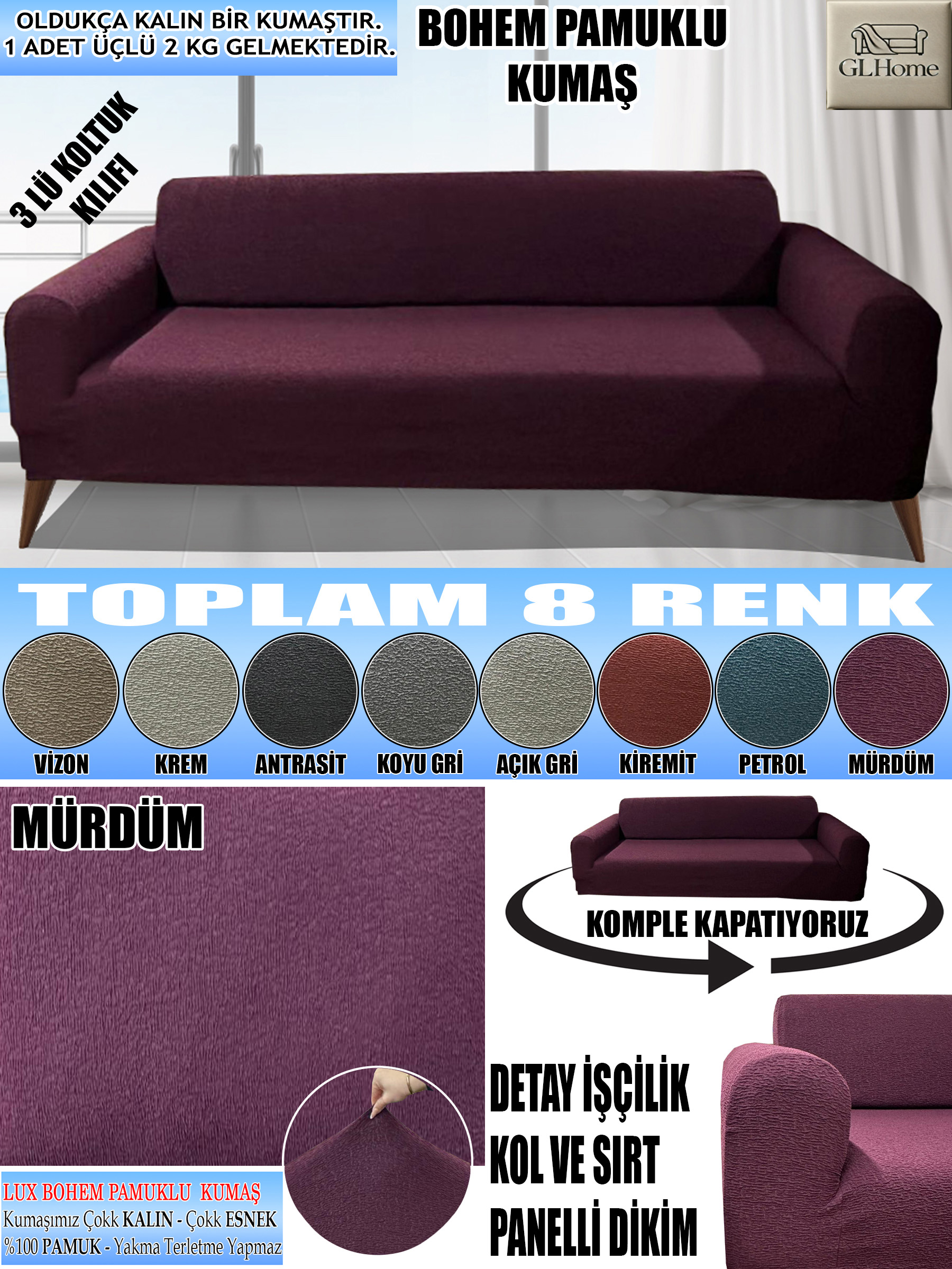 MÜRDÜM LUX BOHEM PAMUKLU KUMAŞ KOLTUK-KANEPE KILIFI 3LÜ KOMPLE GİYDİRME KALIN VE DAYANIKLIDIR