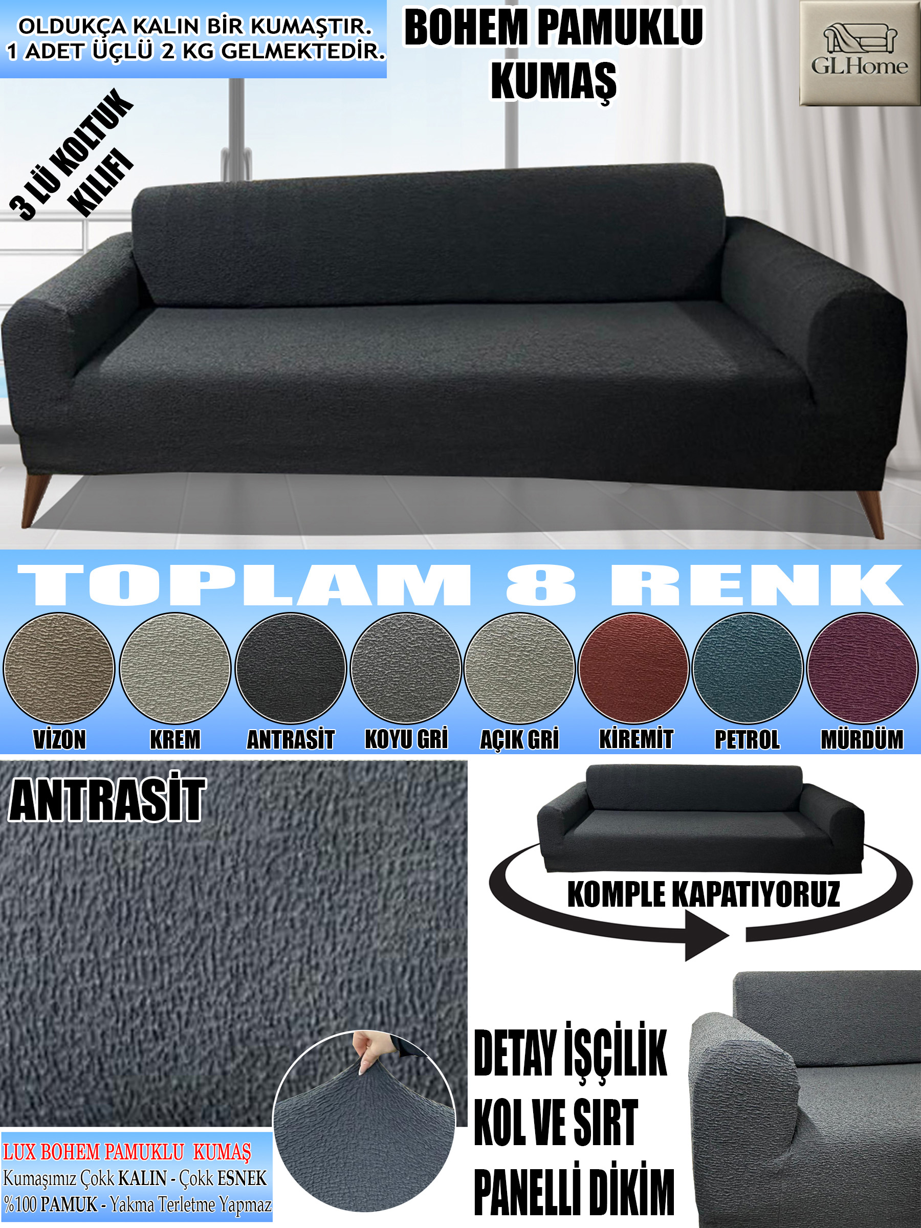 ANTRASİT LUX BOHEM PAMUKLU KUMAŞ KOLTUK-KANEPE KILIFI 3LÜ KOMPLE GİYDİRME KALIN VE DAYANIKLIDIR