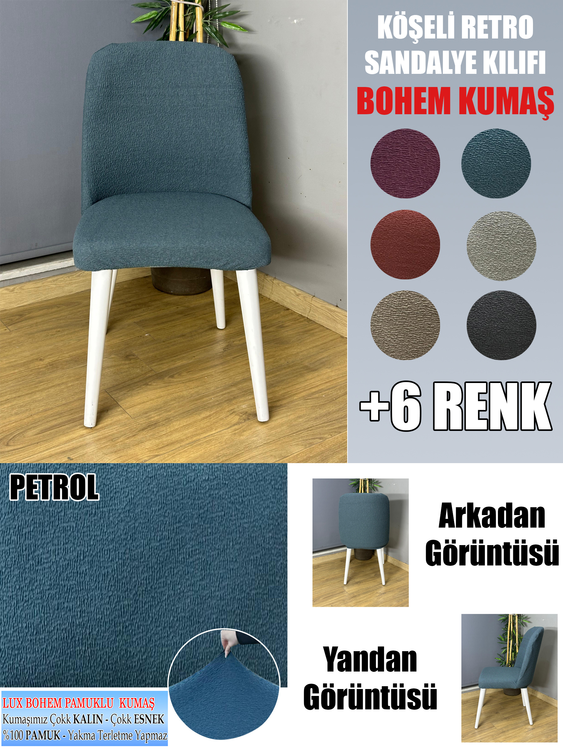 PETROL KÖŞELİ RETRO SANDALYE KILIFI 6 ADET LÜX BOHEM KUMAŞ ÇOK KALIN %100 PAMUK