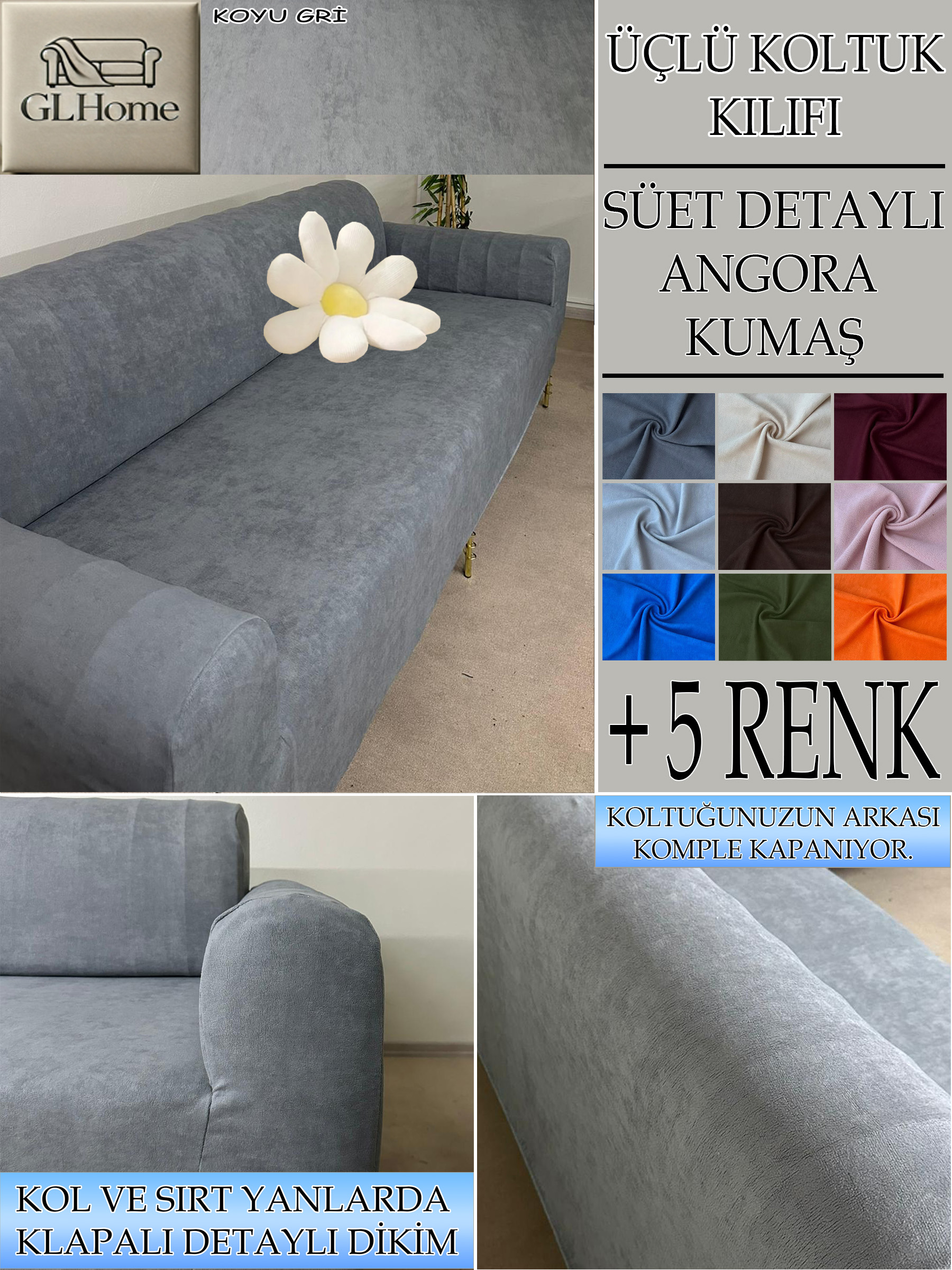 KOYU GRİ SÜET KUMAŞ 3 LÜ KOMPLE GİYDİRME KANEPE & ÇEKYAT KILIFI
