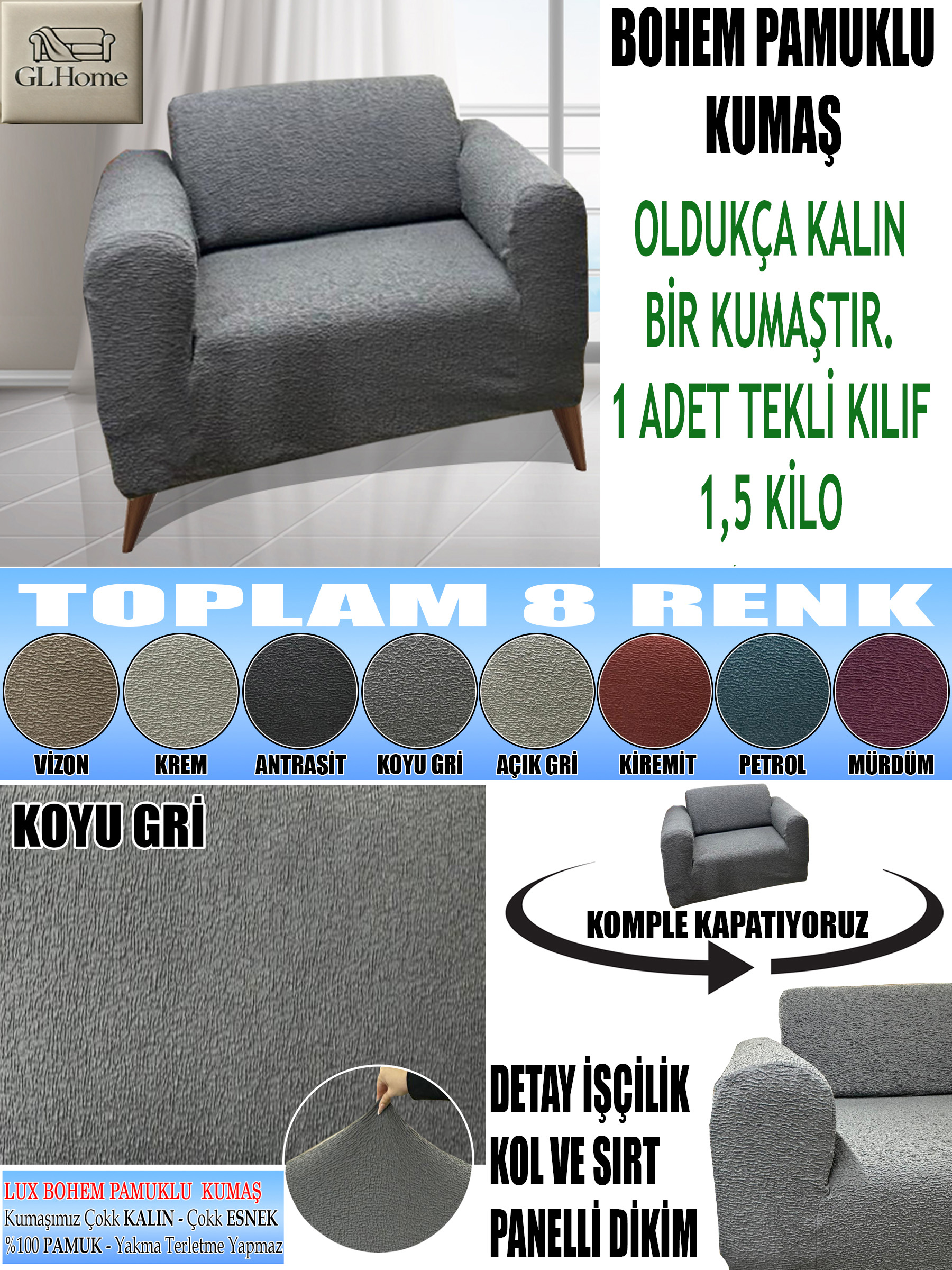 KOYU GRİ LUX BOHEM PAMUKLU KUMAŞ TEKLİ KOMPLE GİYDİRME TEKLİ & BERJER , OLDUKÇA KALIN BİR KUMAŞTIR.