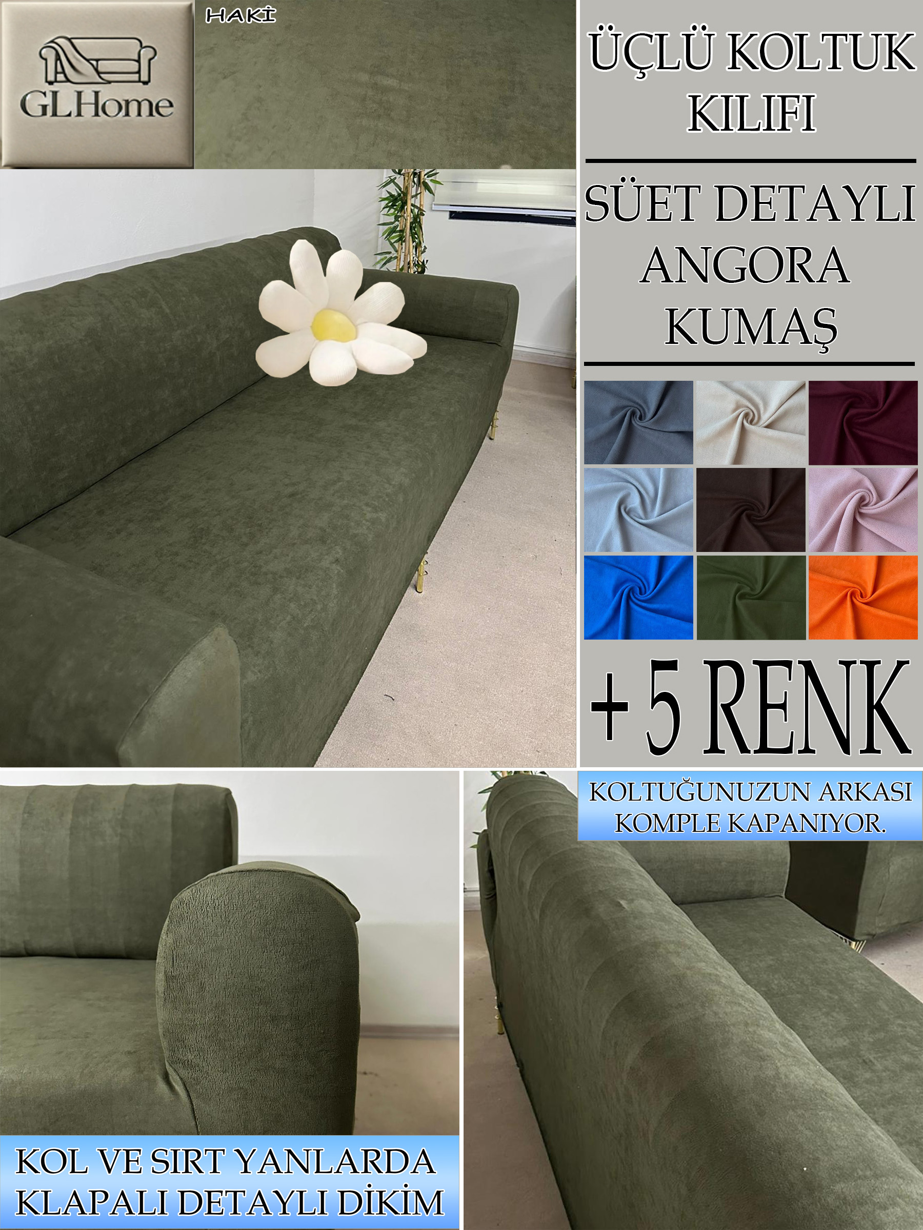 HAKİ SÜET KUMAŞ 3 LÜ KOMPLE GİYDİRME KANEPE & ÇEKYAT KILIFI