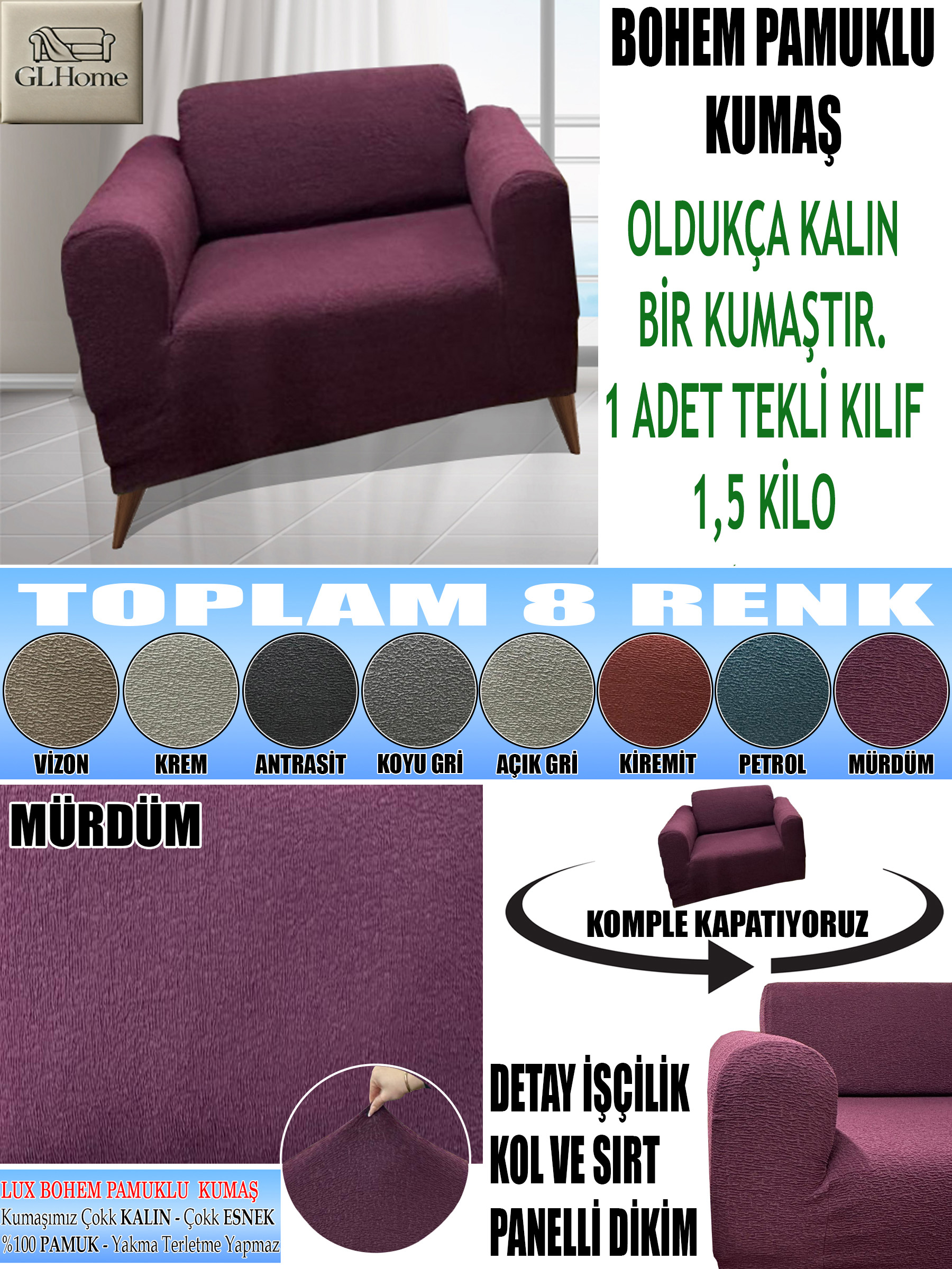MÜRDÜM LUX BOHEM PAMUKLU KUMAŞ TEKLİ KOMPLE GİYDİRME TEKLİ & BERJER , OLDUKÇA KALIN BİR KUMAŞTIR.