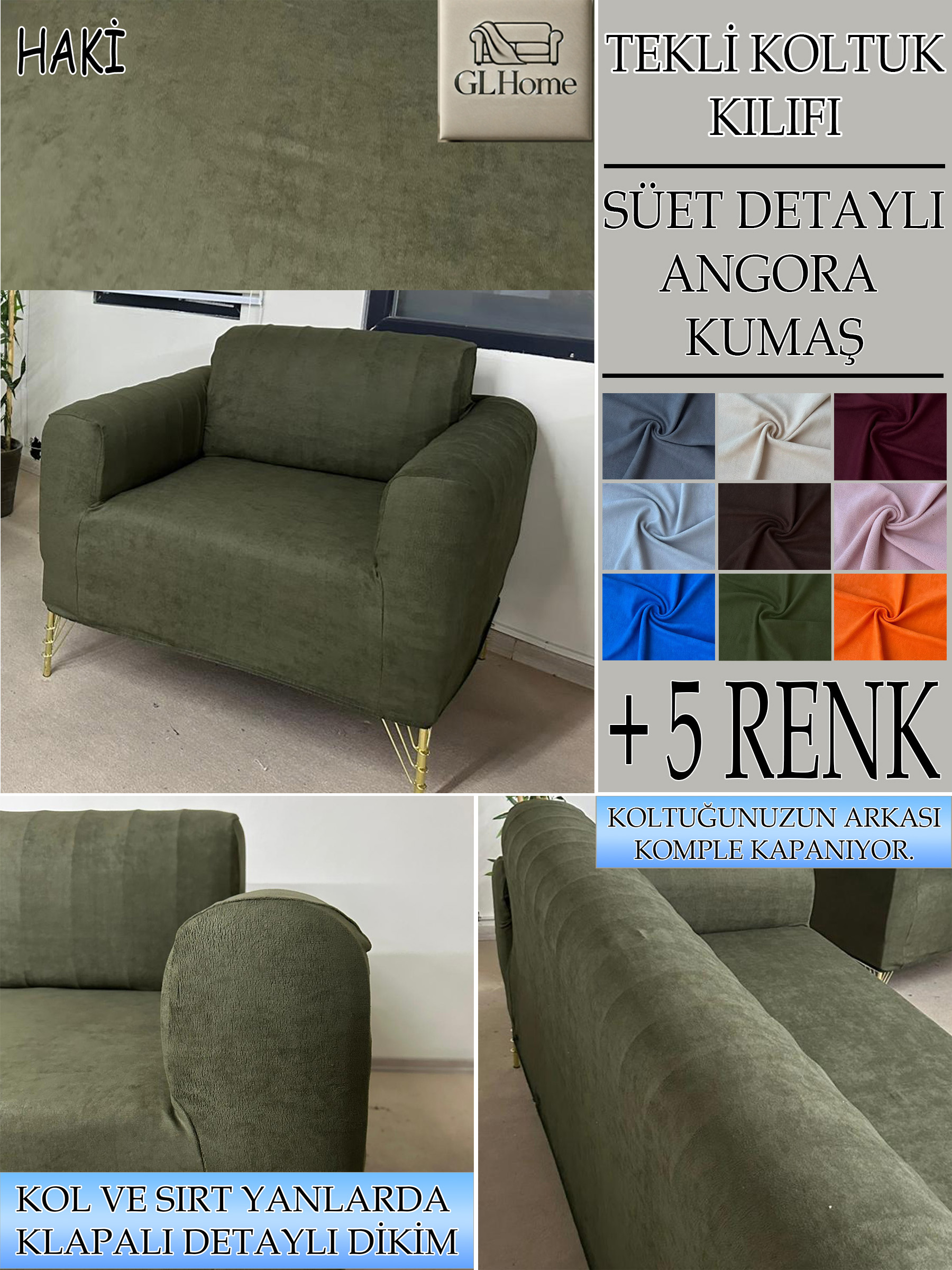 HAKİ SÜET KUMAŞ TEKLİ&BERJER KOMPLE GİYDİRME KOLTUK KILIFI