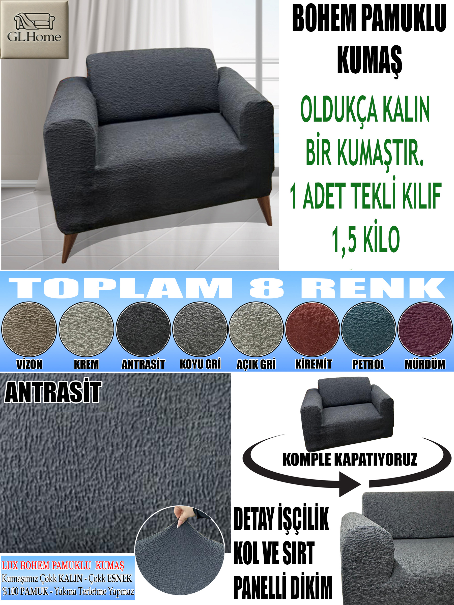 ANTRASİT LUX BOHEM PAMUKLU KUMAŞ TEKLİ KOMPLE GİYDİRME TEKLİ & BERJER , OLDUKÇA KALIN BİR KUMAŞTIR.