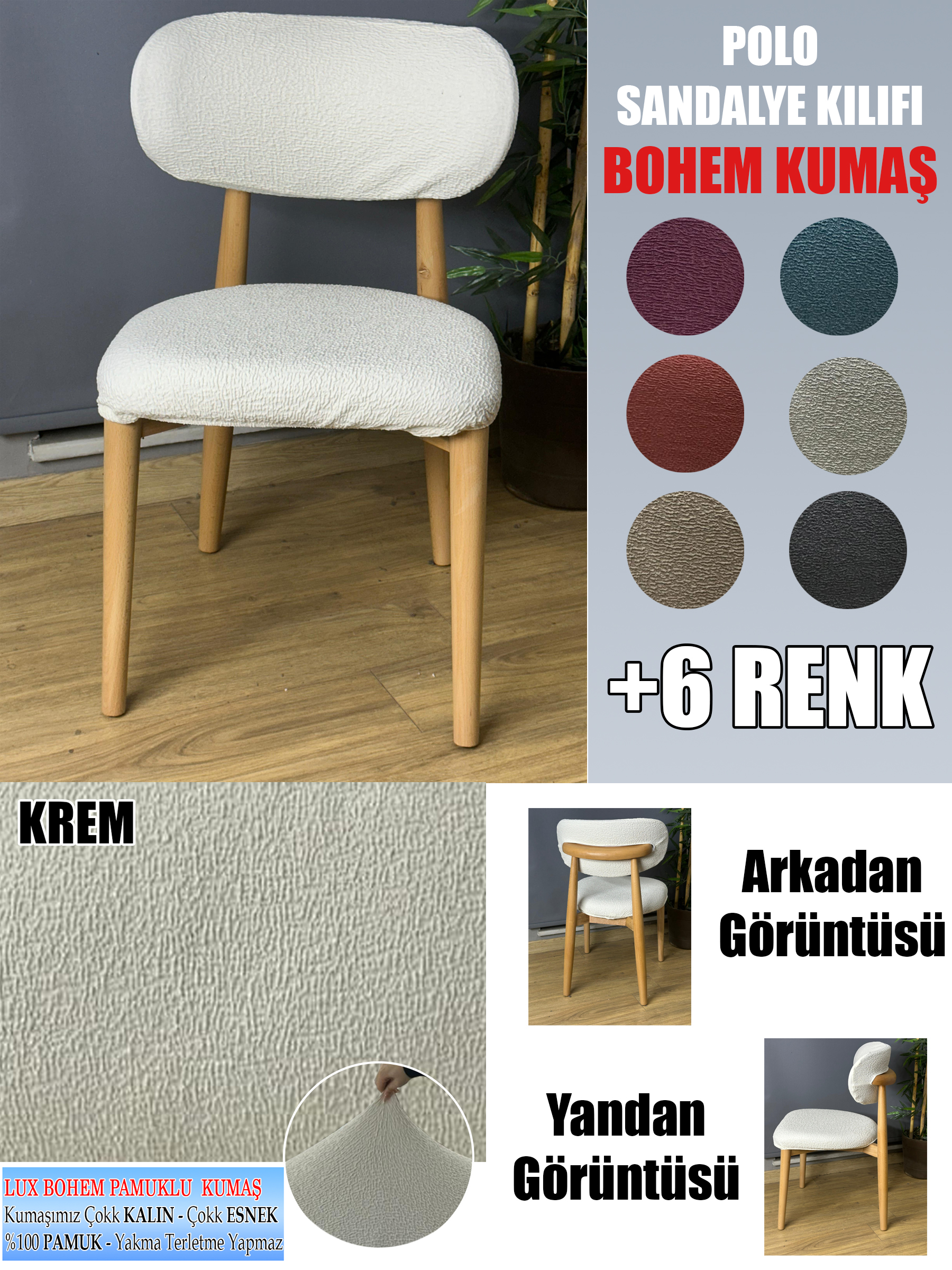 KREM POLO SANDALYE KILIFI 6 ADET LÜX BOHEM KUMAŞ ÇOK KALIN %100 PAMUK