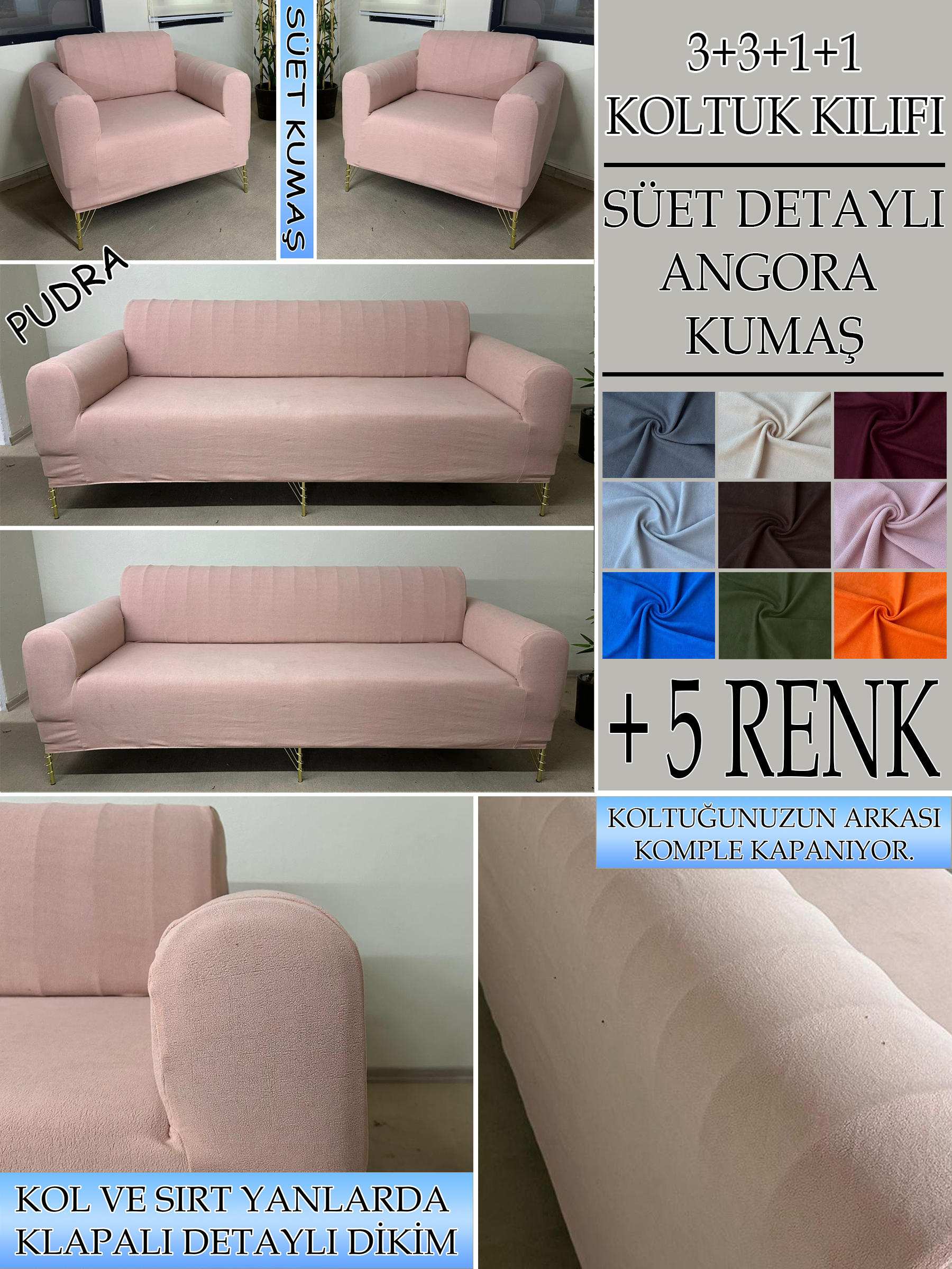 PUDRA SÜET KUMAŞ 3+3+1+1 SET KOMPLE GİYDİRME KOLTUK KILIFI KANEPE,ÇEKYAT,BERJER