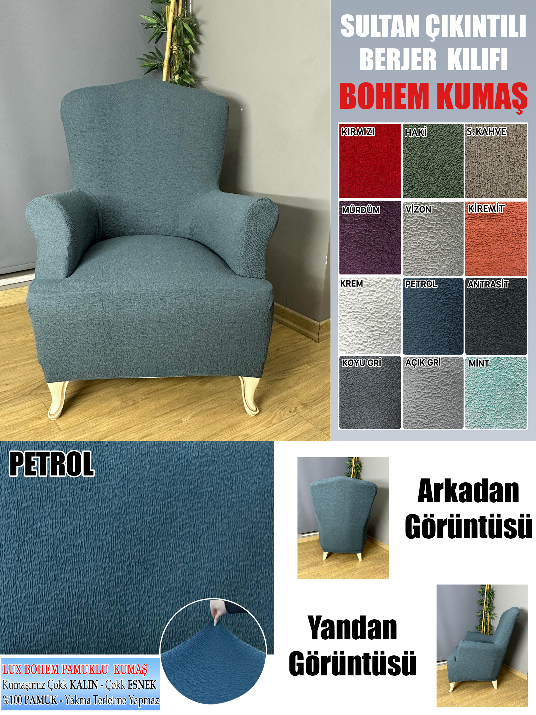 PETROL LUX BOHEM PAMUKLU KUMAŞ SULTAN ÇIKINTILI MODEL KOMPLE GİYDİRME BERJER KILIFI.