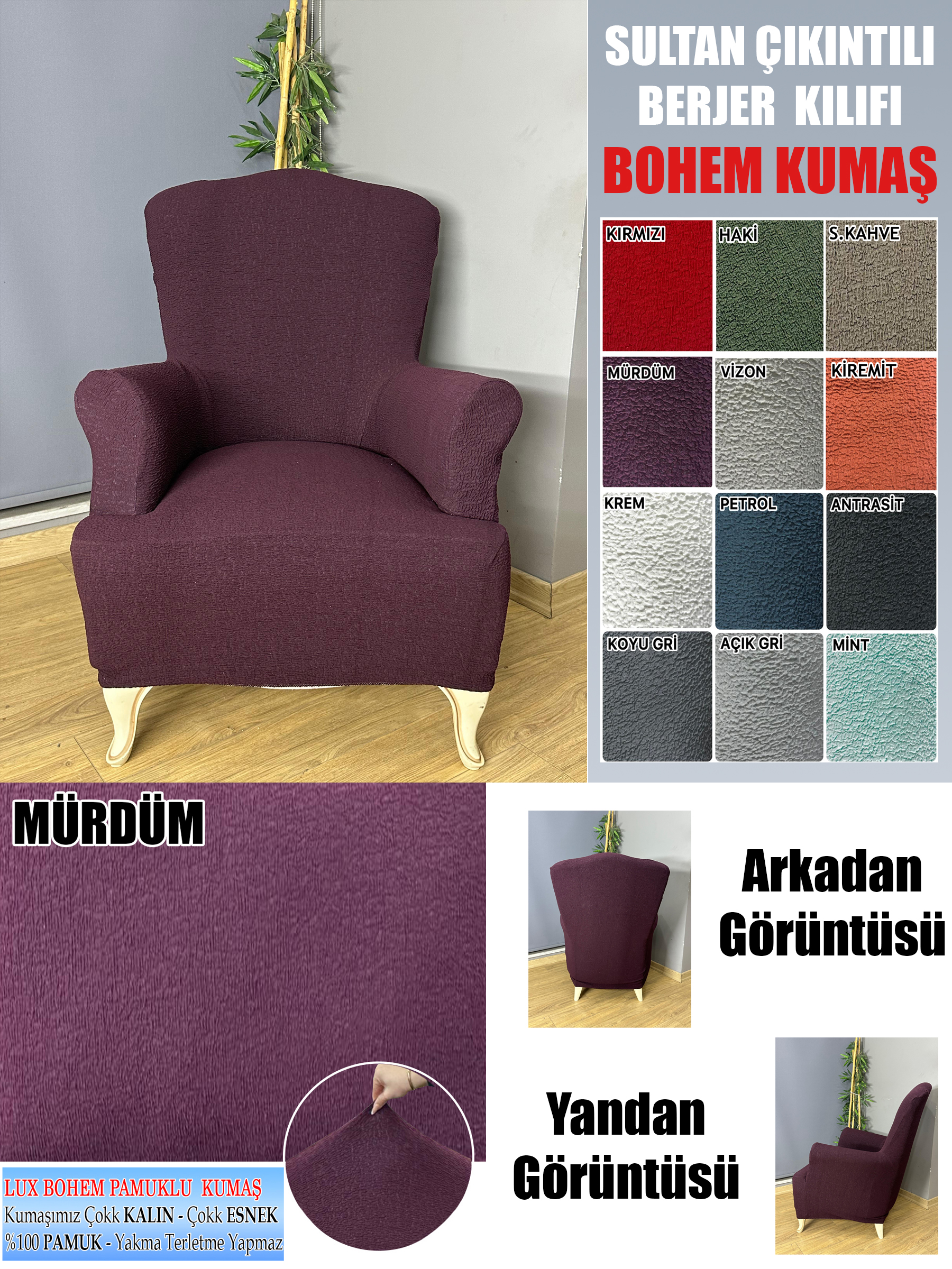 MÜRDÜM LUX BOHEM PAMUKLU KUMAŞ SULTAN ÇIKINTILI MODEL KOMPLE GİYDİRME BERJER KILIFI.