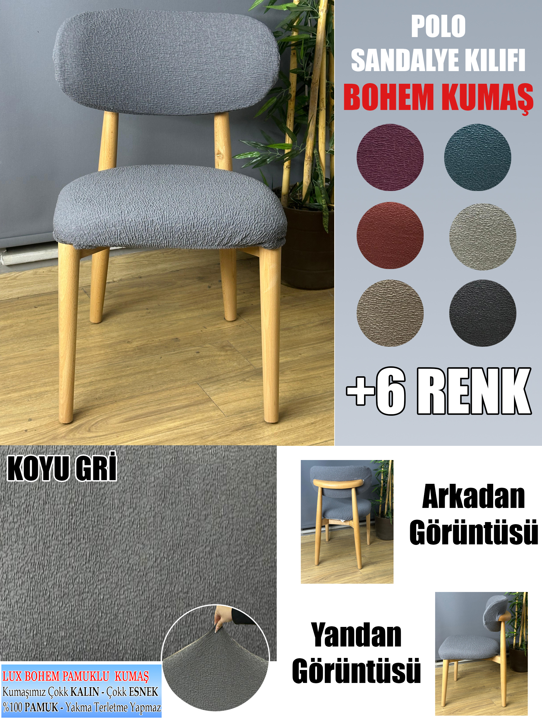 KOYU GRİ POLO SANDALYE KILIFI 4 ADET LÜX BOHEM KUMAŞ ÇOK KALIN %100 PAMUK