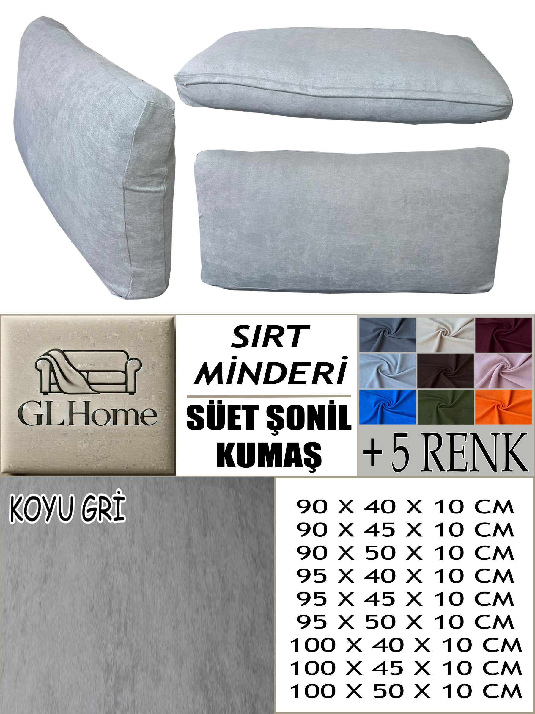 KOYU GRİ RENK SÜET KUMAŞ 2 ADET SIRT MİNDERİ