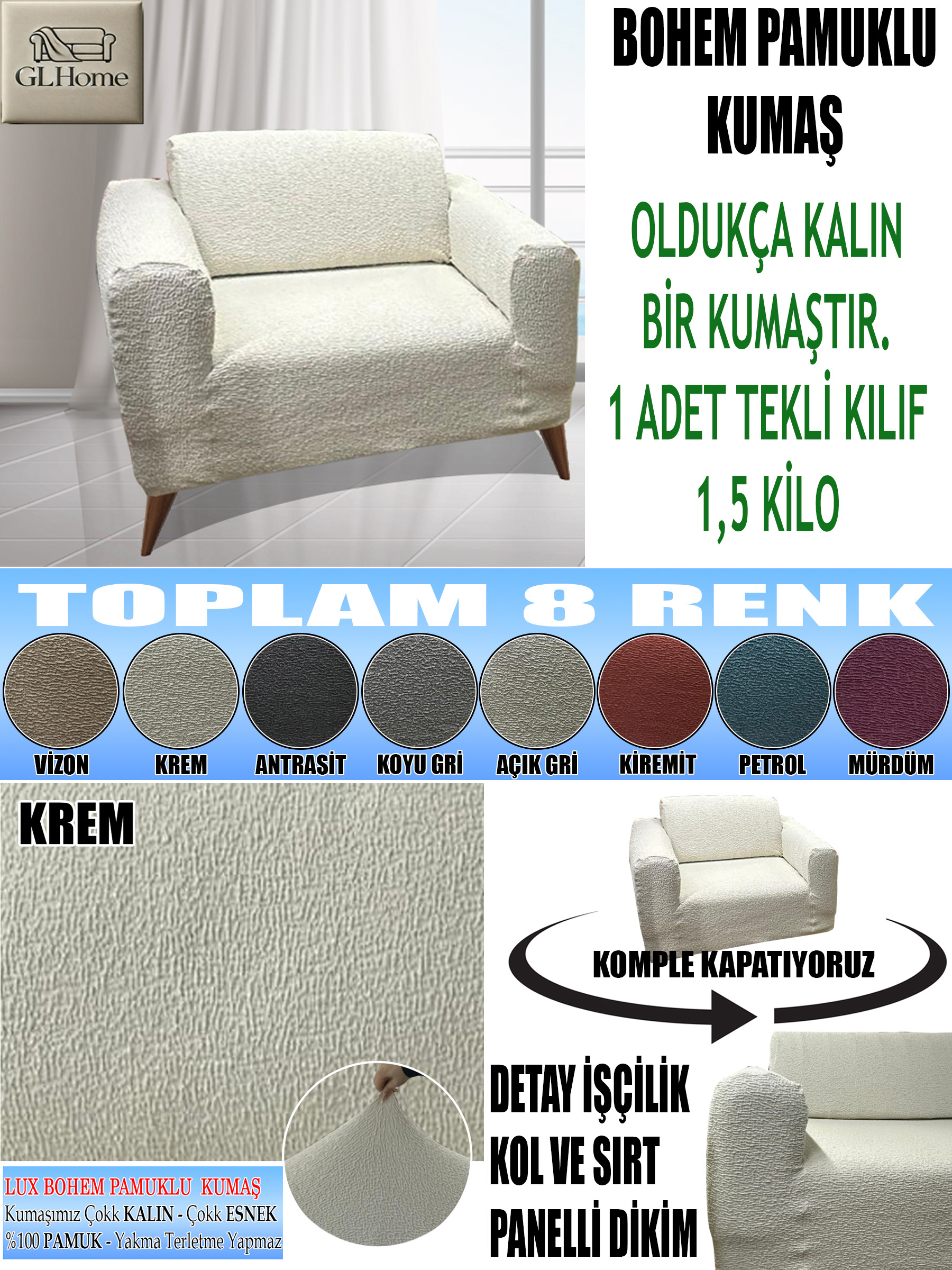 KREM LUX BOHEM PAMUKLU KUMAŞ TEKLİ KOMPLE GİYDİRME TEKLİ & BERJER , OLDUKÇA KALIN BİR KUMAŞTIR.