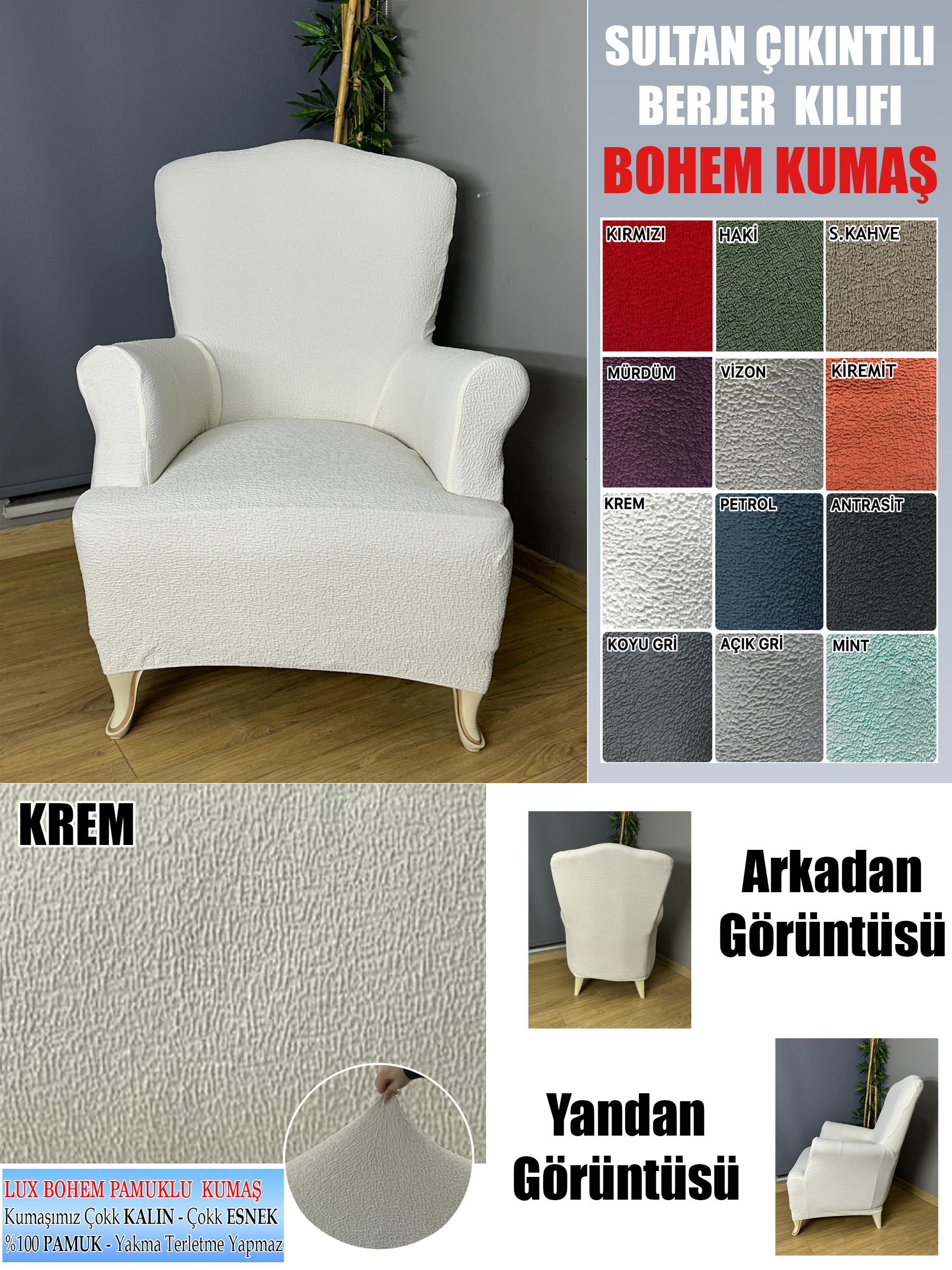 KREM LUX BOHEM PAMUKLU KUMAŞ SULTAN ÇIKINTILI MODEL KOMPLE GİYDİRME BERJER KILIFI.