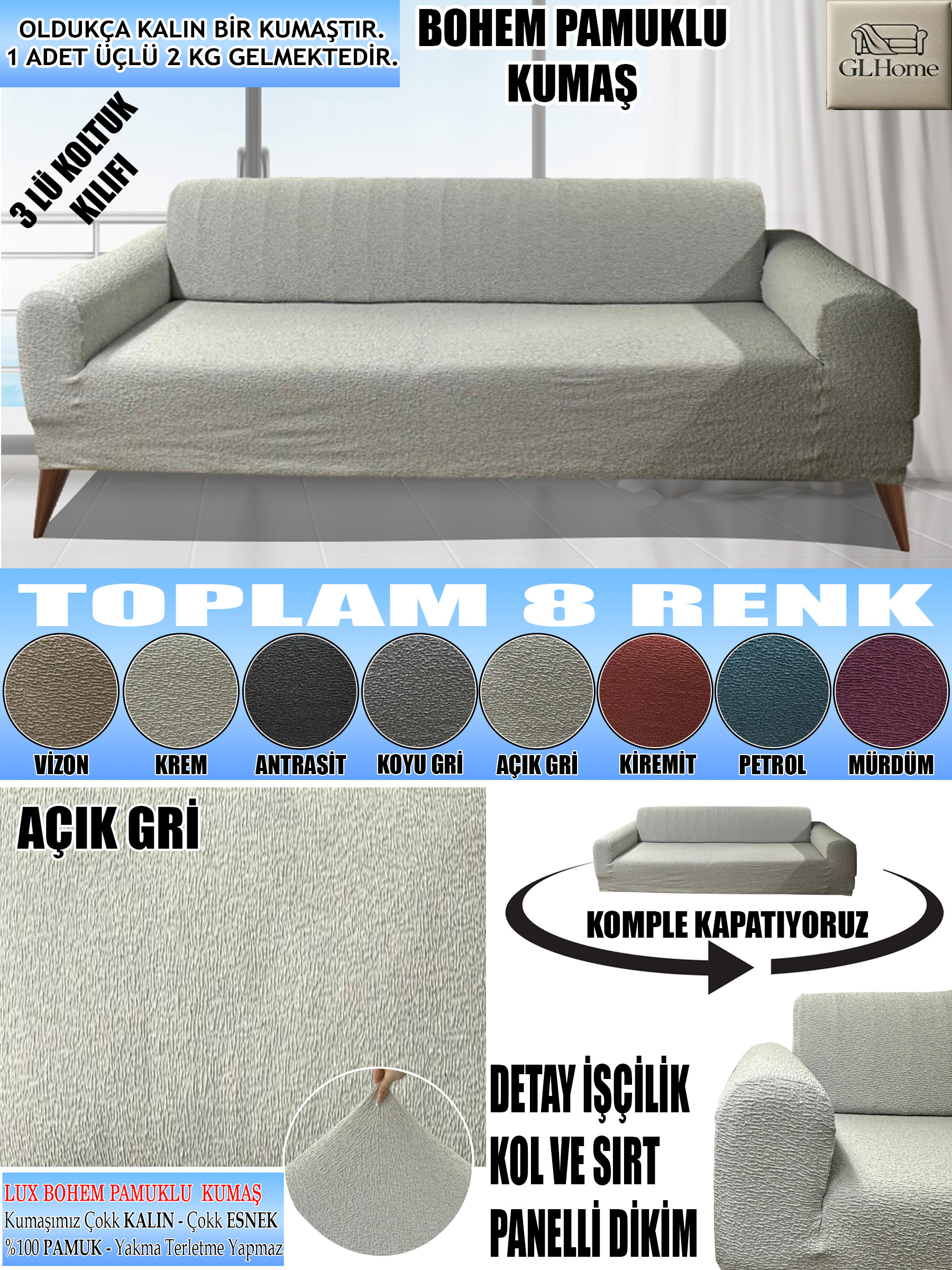 AÇIK GRİ LUX BOHEM PAMUKLU KUMAŞ KOLTUK-KANEPE KILIFI 3LÜ KOMPLE GİYDİRME KALIN VE DAYANIKLIDIR