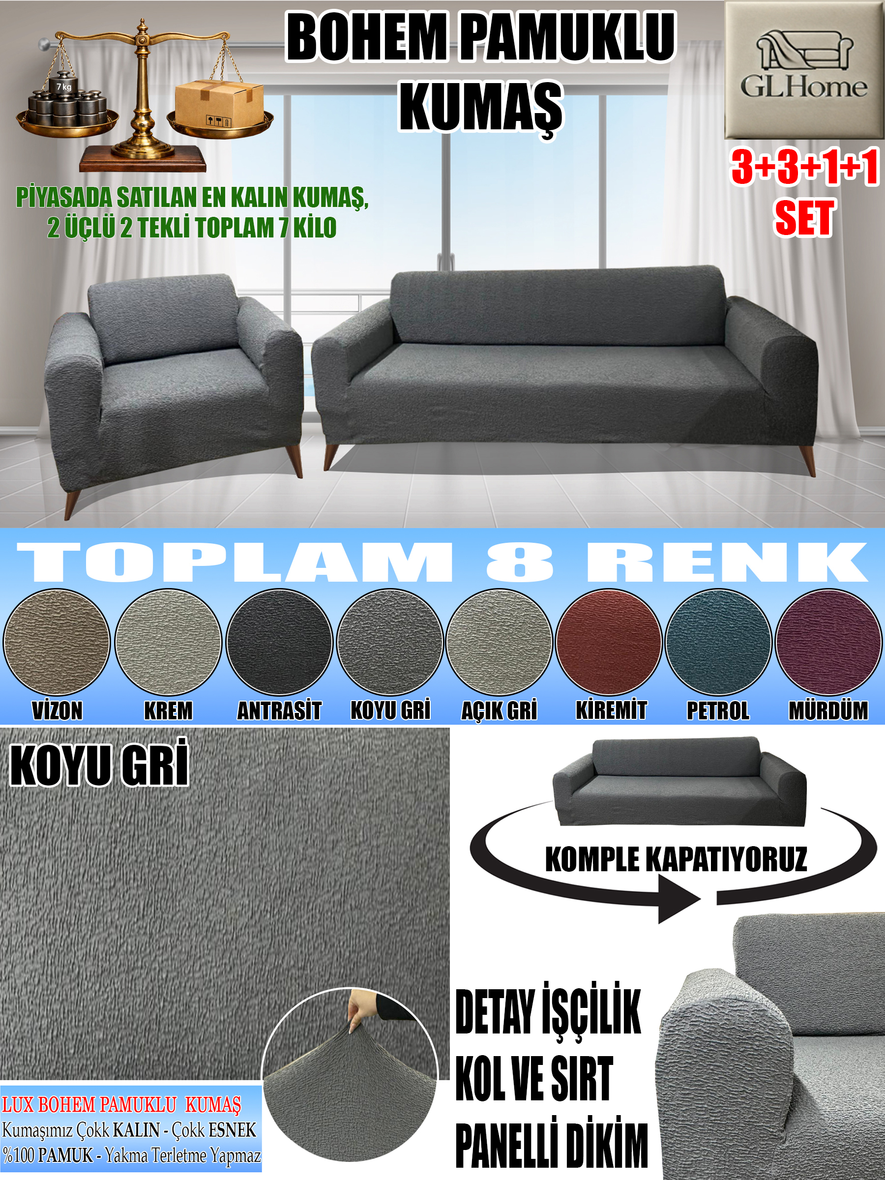 KOYU GRİ LUX BOHEM PAMUKLU KUMAŞ KOLTUK KILIFI SETİ - 3+3+1+1 SET 7 KG GELMEKTEDİR. KALIN VE DAYANIKLIDIR.
