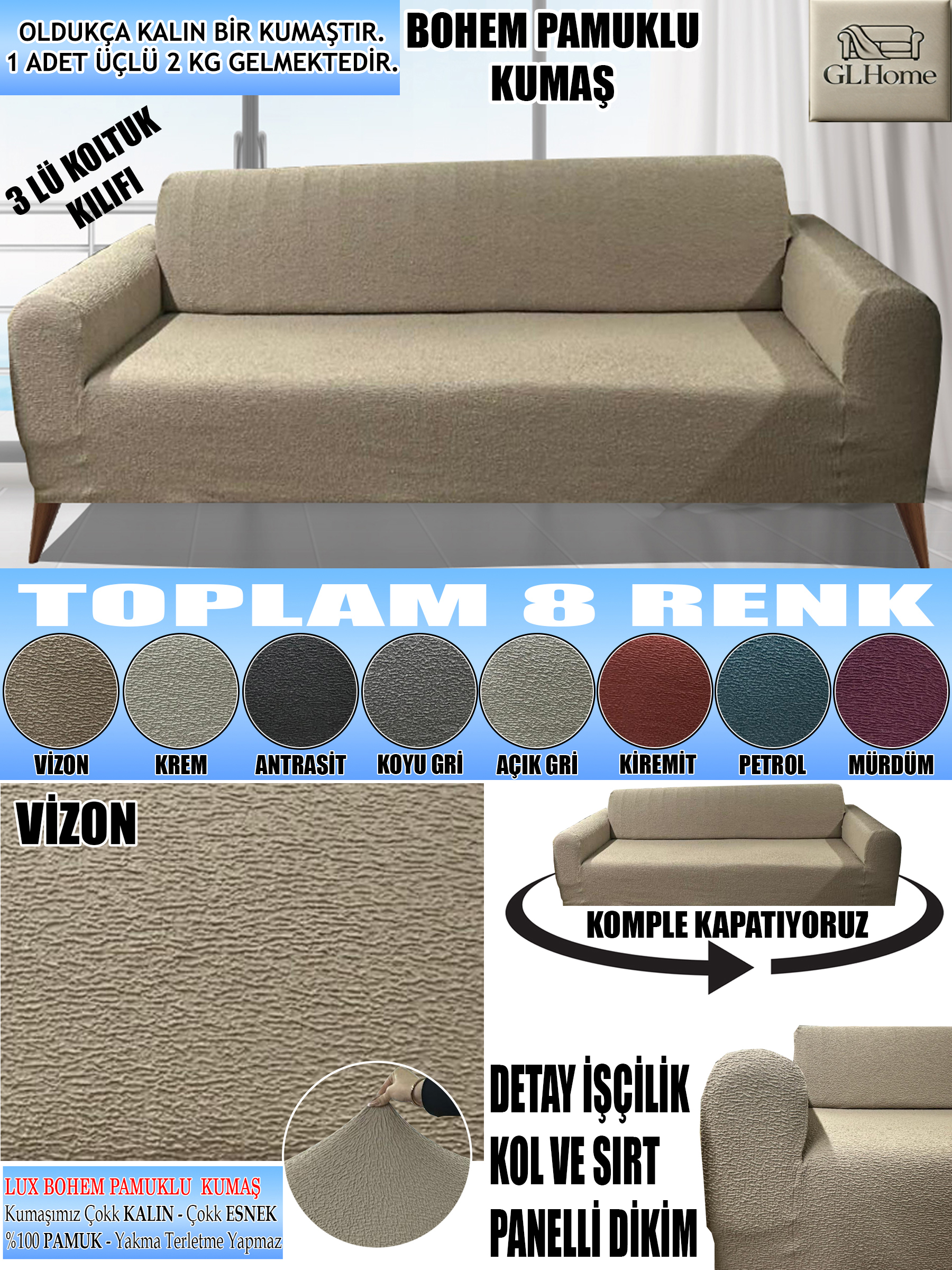 VİZON LUX BOHEM PAMUKLU KUMAŞ KOLTUK-KANEPE KILIFI 3LÜ KOMPLE GİYDİRME KALIN VE DAYANIKLIDIR